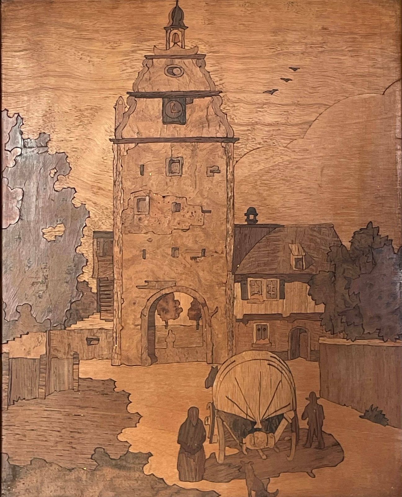Vintage Insertia Marquetry Wooden Artworks From The Mid Century With Motive Of Lively Towns And Church photo Art