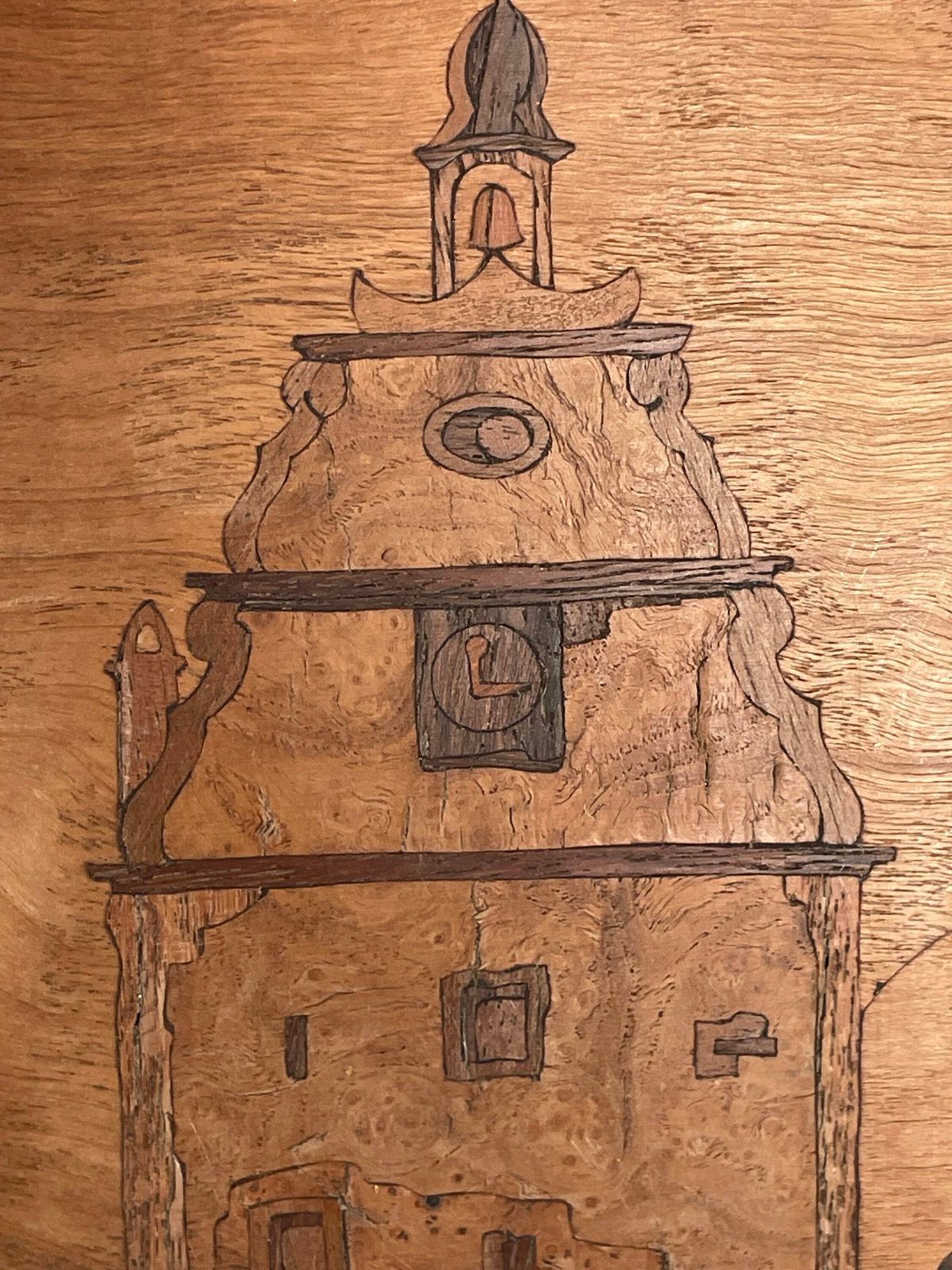 Vintage Insertia Marquetry Wooden Artworks From The Mid Century With Motive Of Lively Towns And Church photo vintage