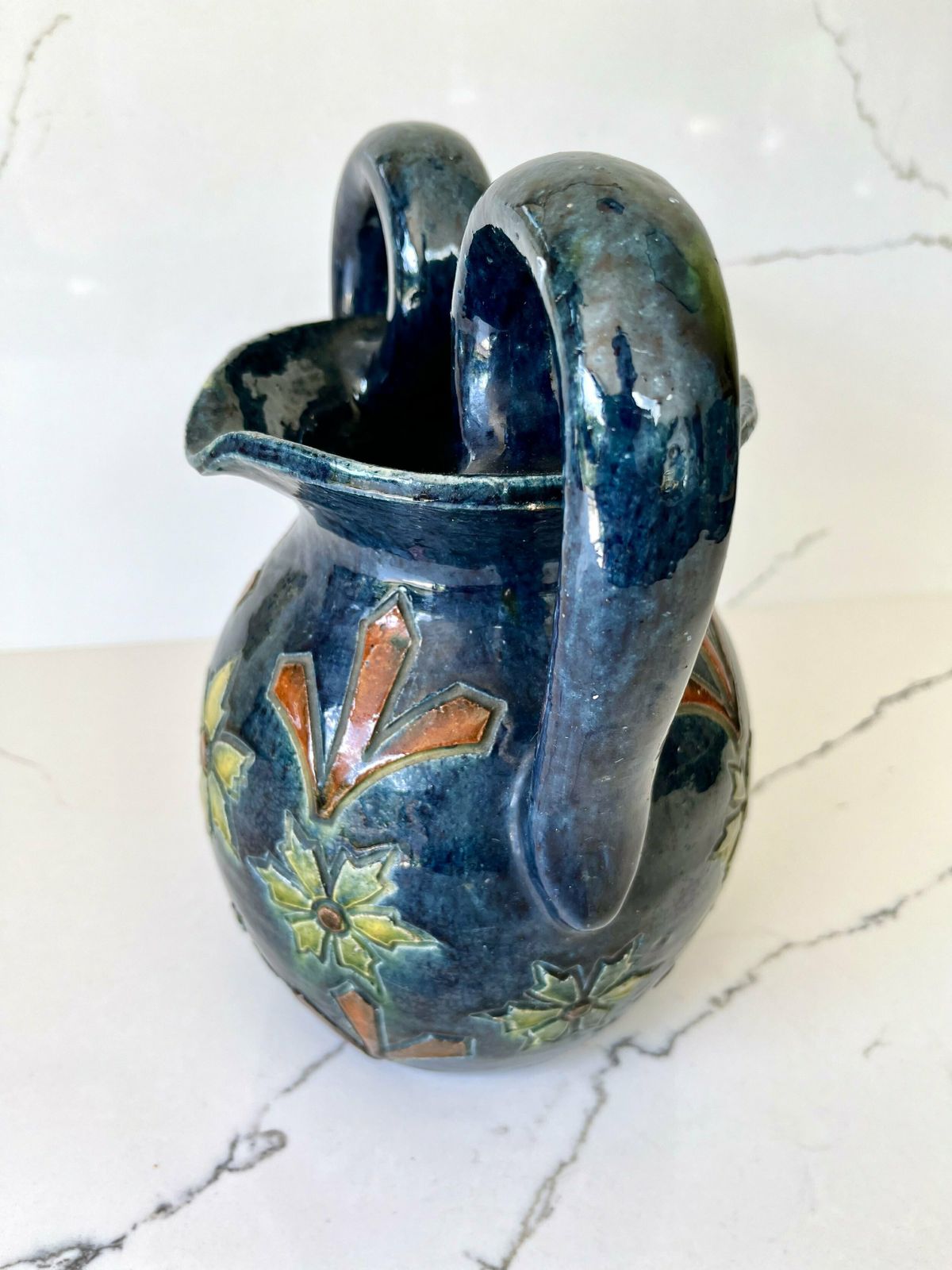 Dark Blue Stoneware Flemish/Swedish Etched & Hand Painted Vase With Handles photo 190.0