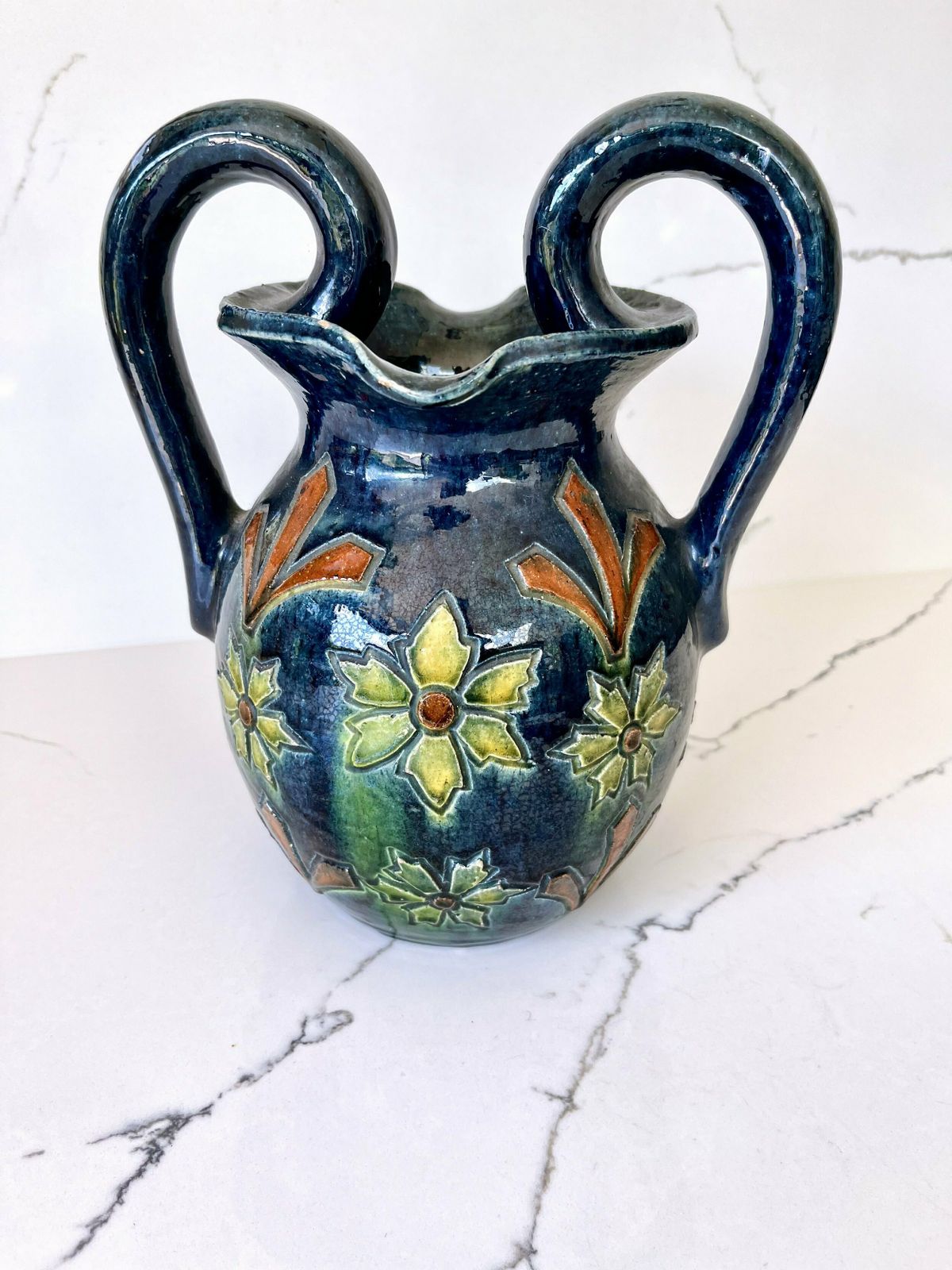 Dark Blue Stoneware Flemish/Swedish Etched & Hand Painted Vase With Handles photo vinterior