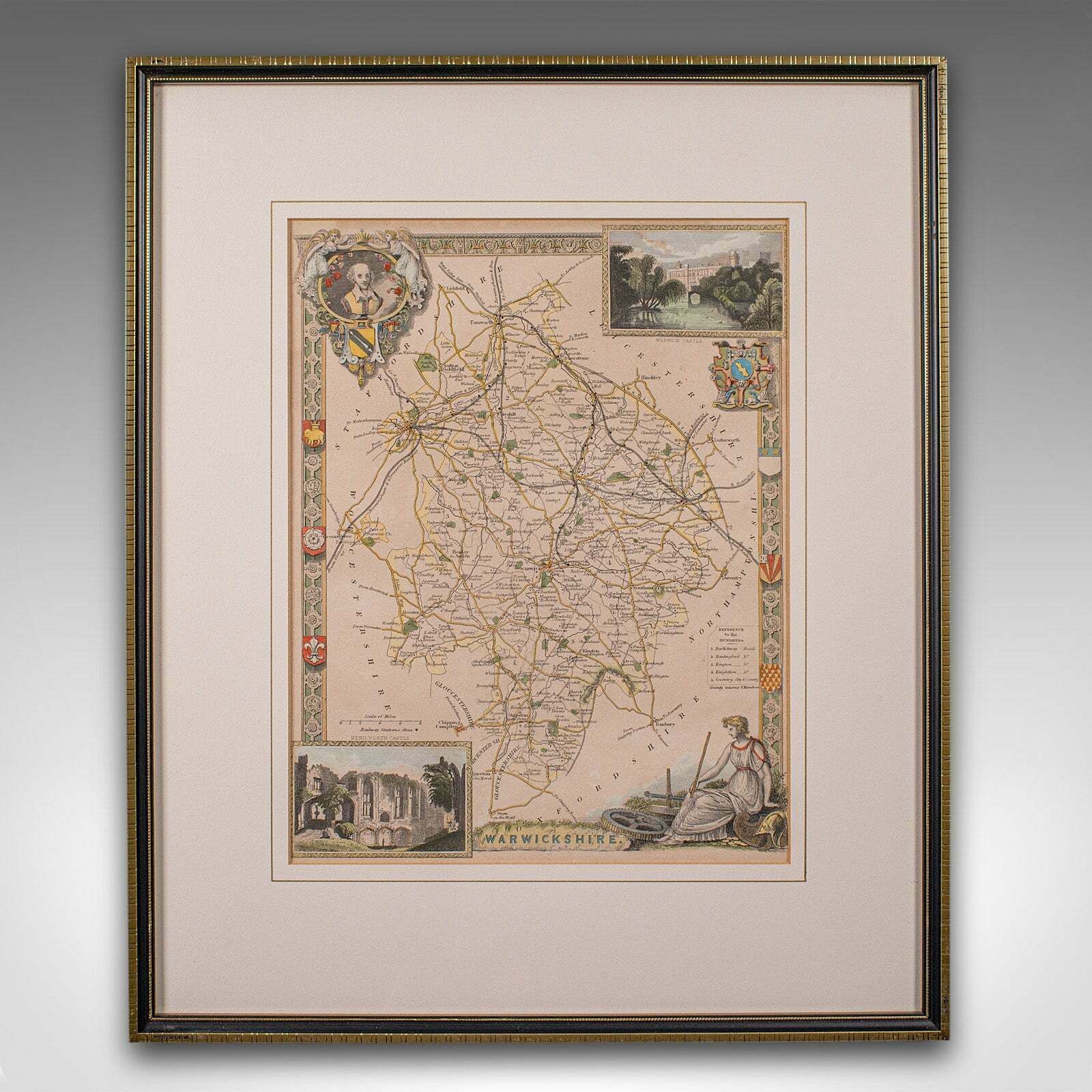 Antique Lithography Map, Warwickshire, English, Framed, Cartography, Victorian photo furniture