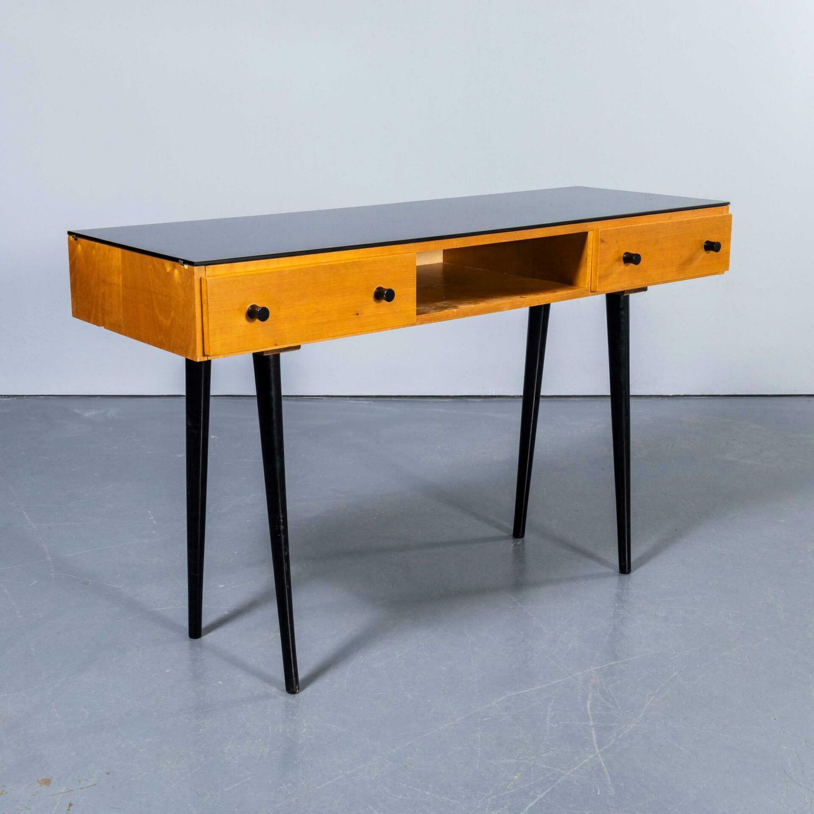 1950’s Small Birch Glass Top Dressing Table – Czech Production
