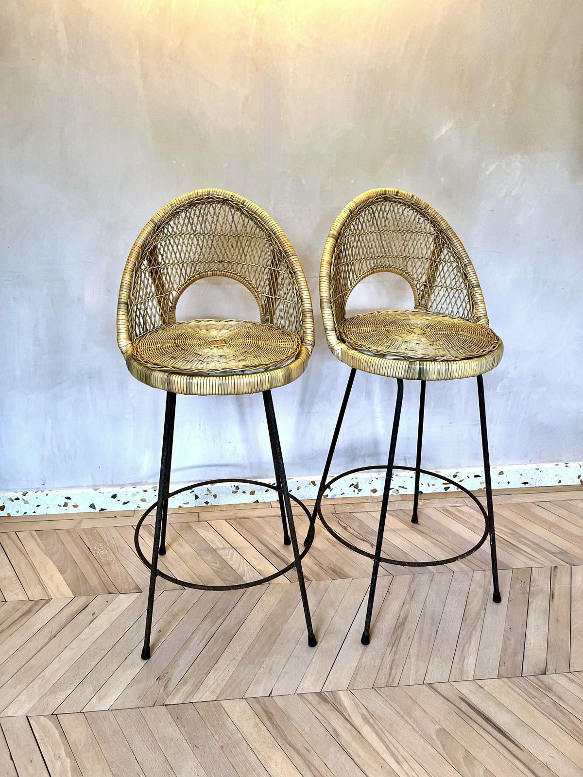 Pair Of Mid Century Woven Rattan/Cane & Metal Bar Stools photo furniture