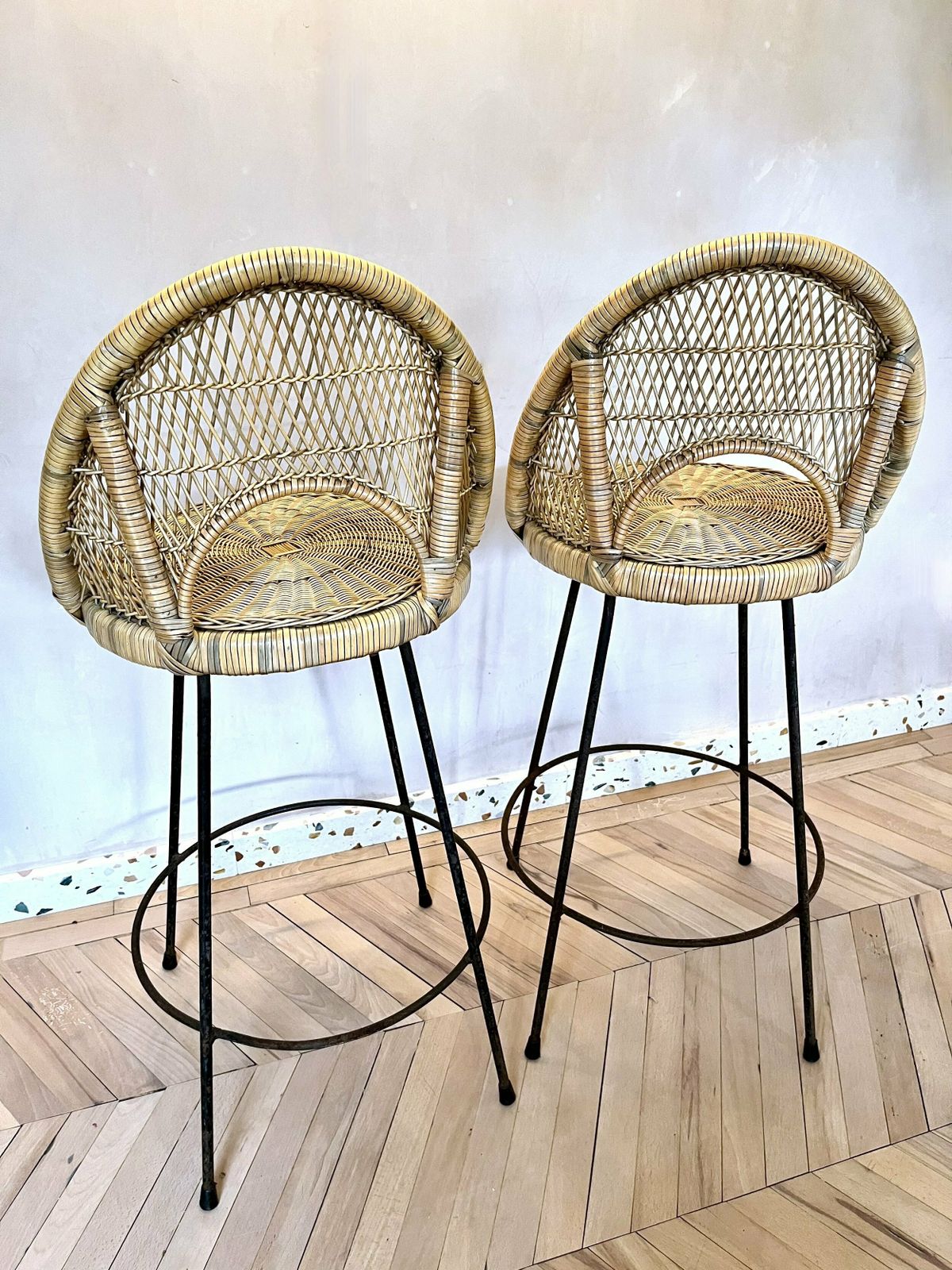 Pair Of Mid Century Woven Rattan/Cane & Metal Bar Stools photo for sale