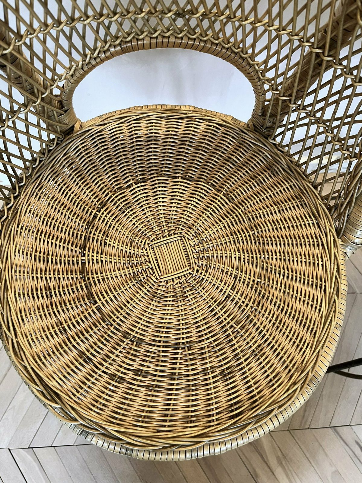 780.0 Pair Of Mid Century Woven Rattan/Cane & Metal Bar Stools photo