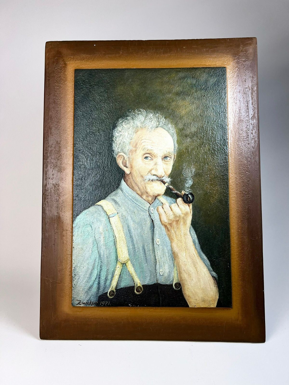 Original Framed Portrait Oil Painting Of Old Man Smoking, Switzerland, Male Portrait