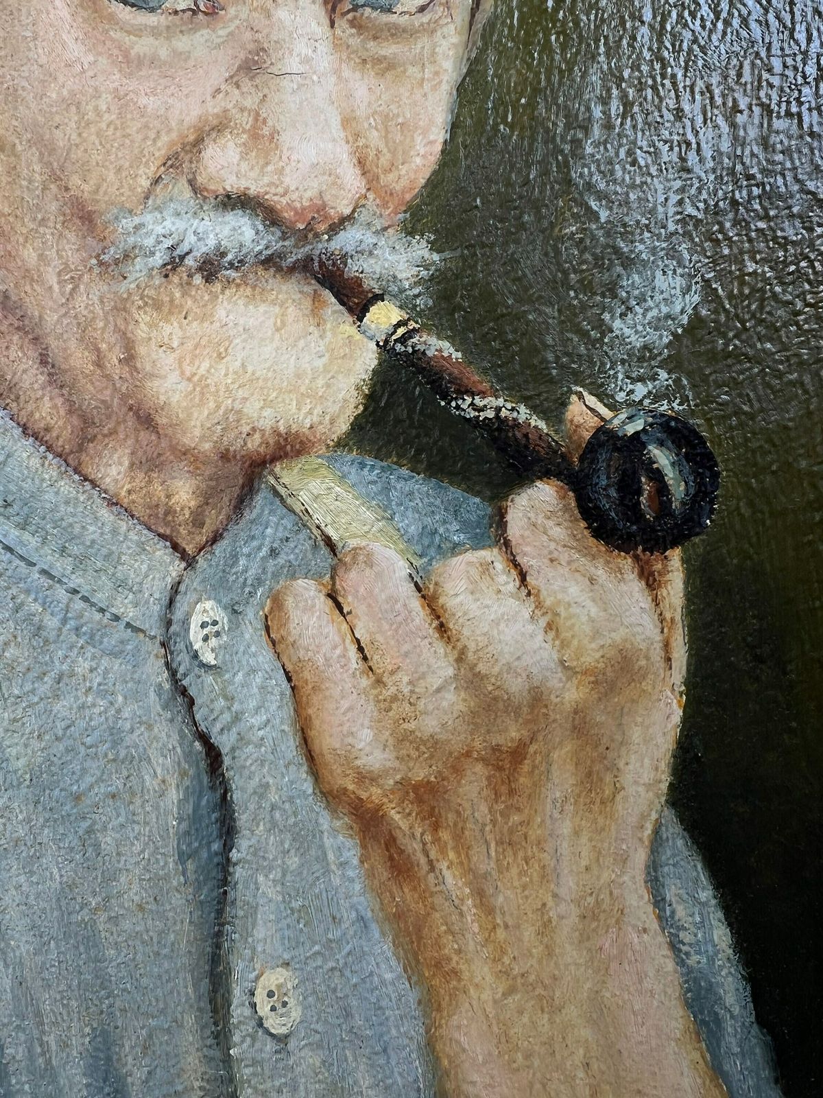 Original Framed Portrait Oil Painting Of Old Man Smoking, Switzerland, Male Portrait photo vinterior