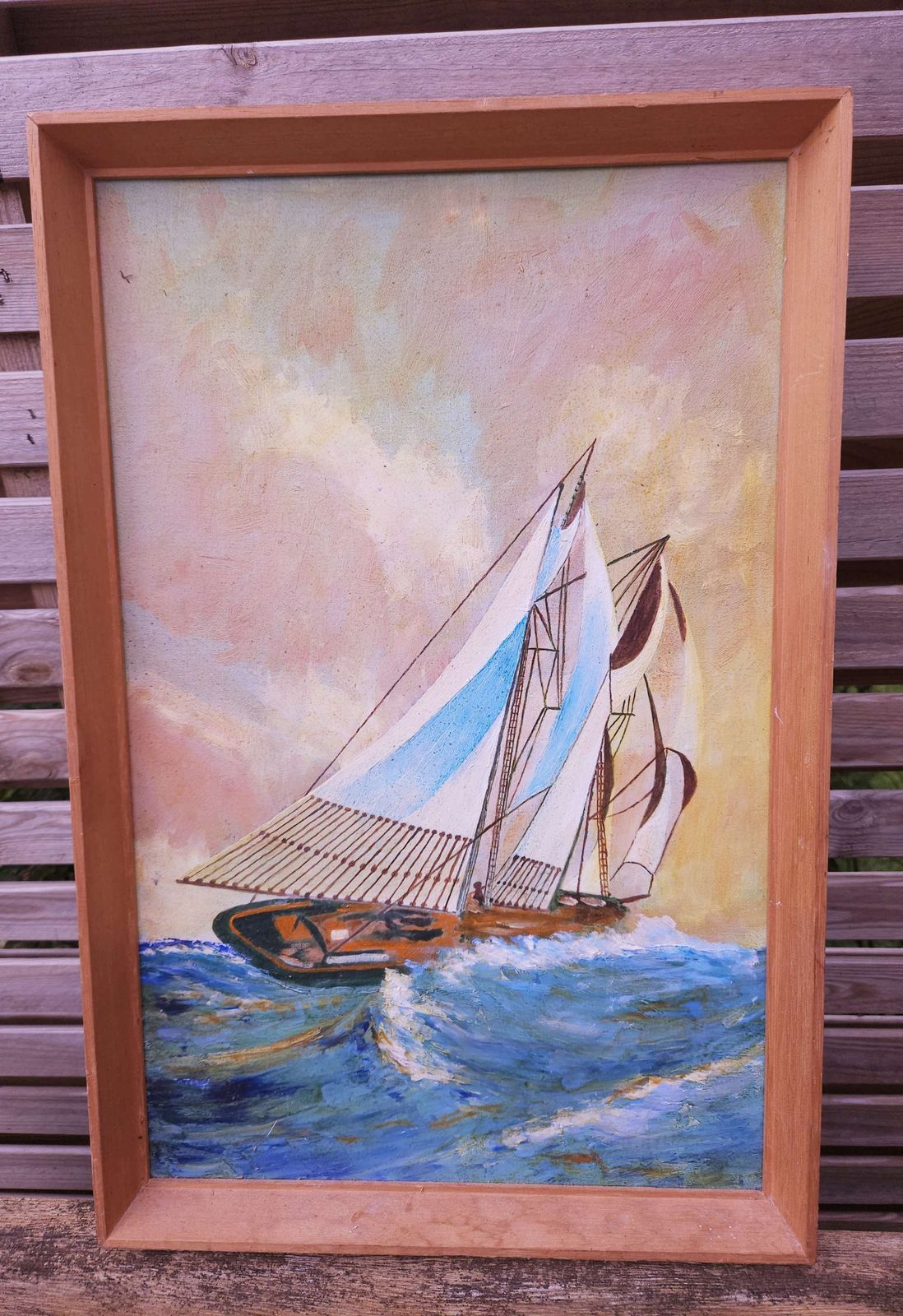 Nautical Vintage Oil On Board Of Dynamic Sailing Boat Riding A Wave photo for sale