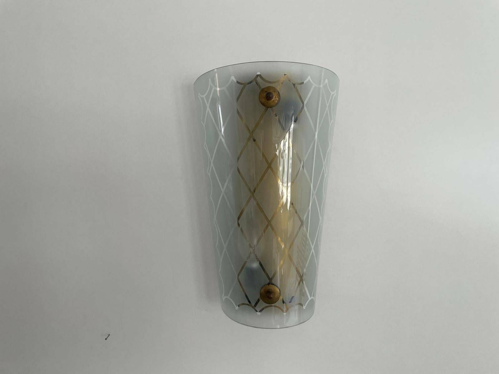 Unique Italian Design Brass & Curved Glass Cinema Lobby Wall Lamp, 1950s Italy