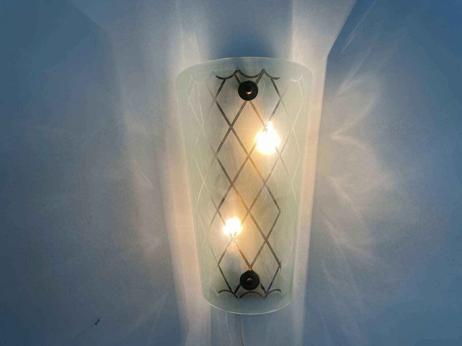Unique Italian Design Brass & Curved Glass Cinema Lobby Wall Lamp, 1950s Italy photo furniture
