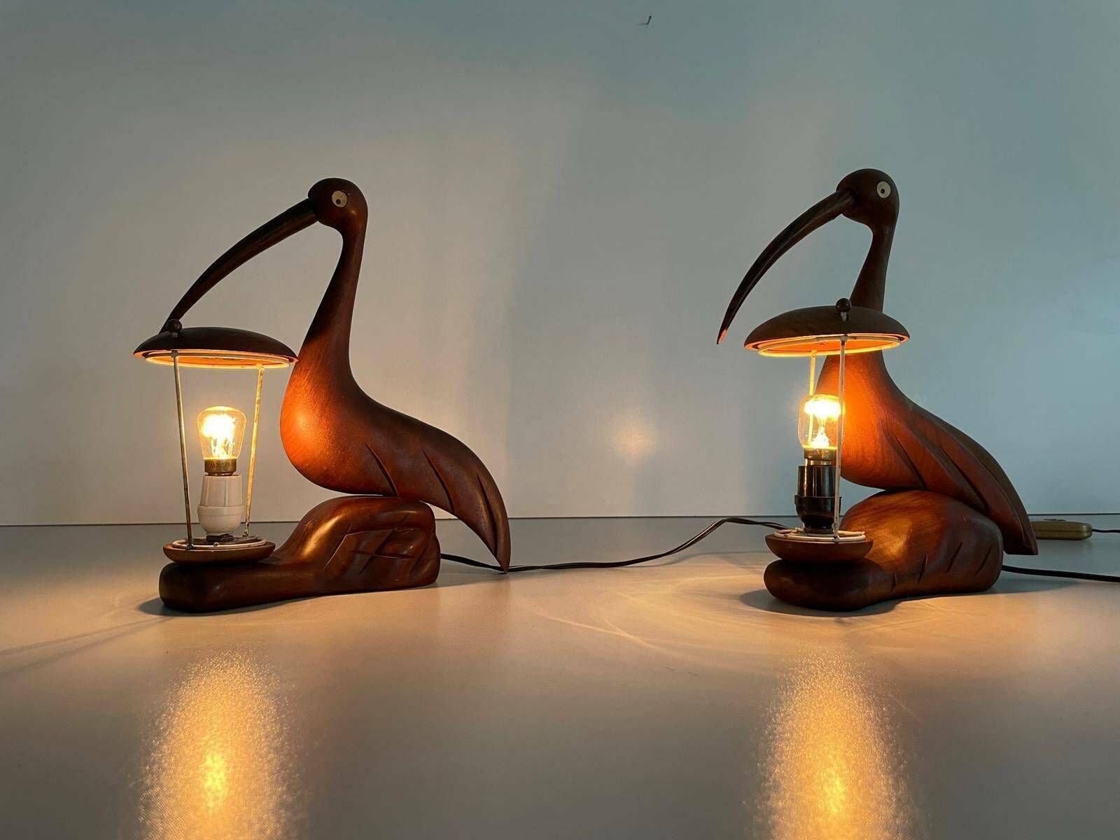 Italian Teak Heron Design Pair Of Table Lamps By Aldo Tura, 1960s, Italy photo for sale
