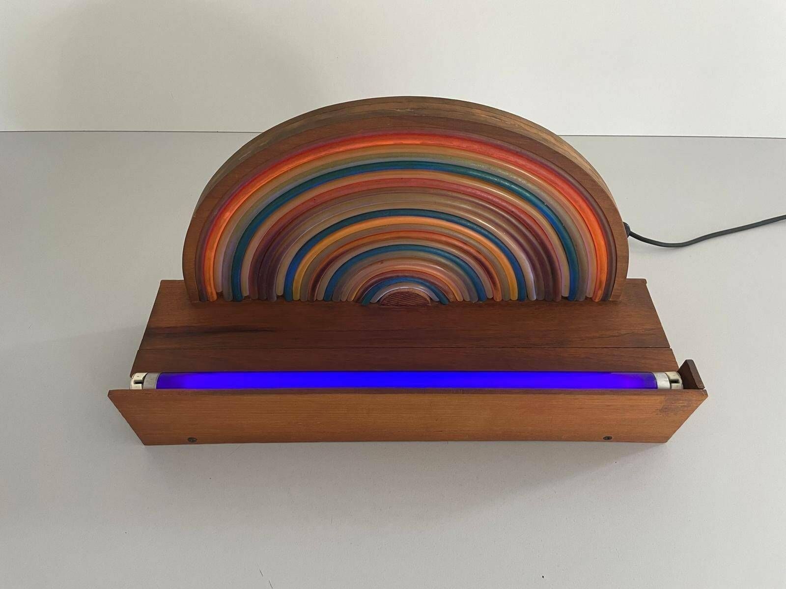 Italian Unusual Design Wood Rainbow Bedside Night Lamp With Blue Fluorescent Light, 50s/60s, Italy