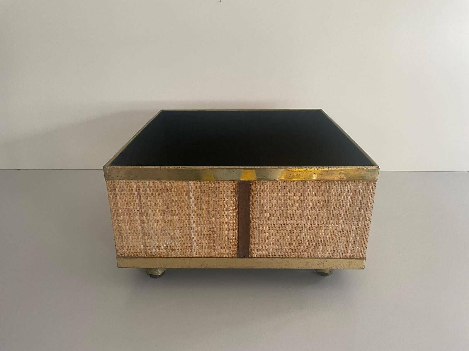 Mid Century Modern Rattan Xl Planter Box With Wheels, 1970s, Italy