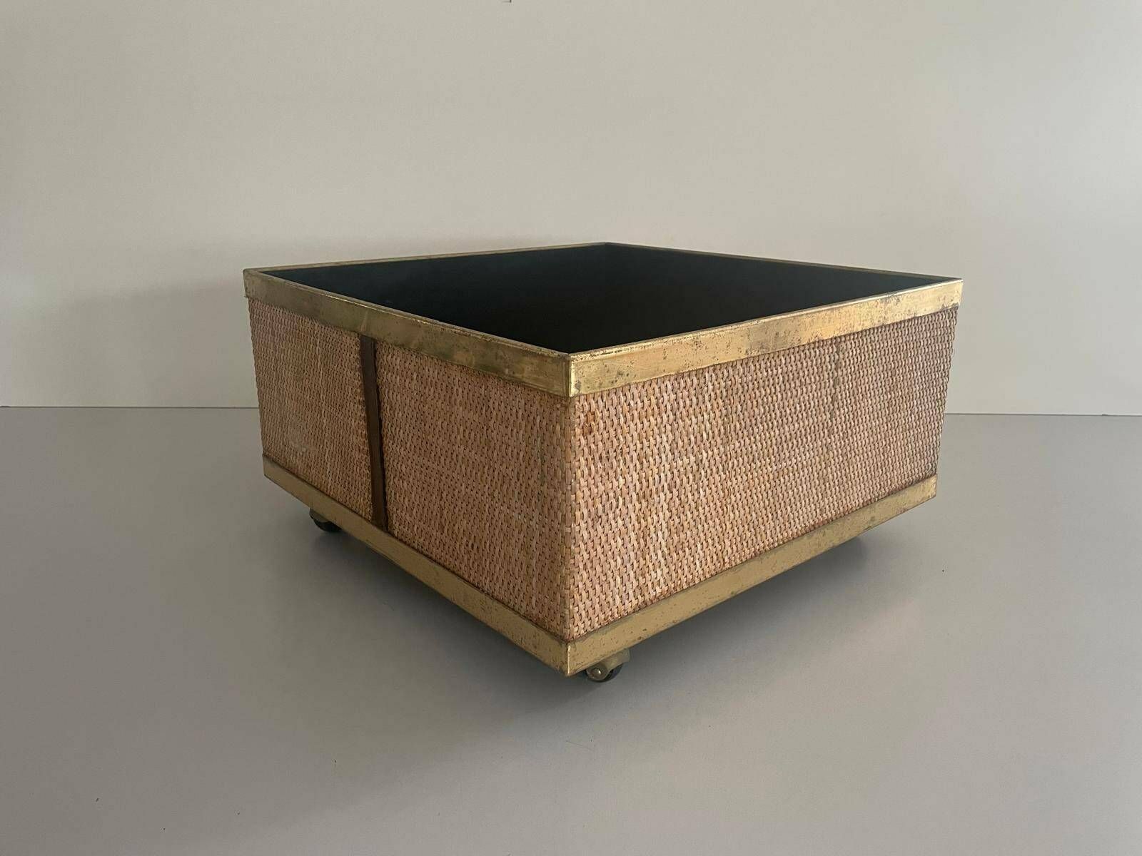 Mid Century Modern Rattan Xl Planter Box With Wheels, 1970s, Italy photo for sale