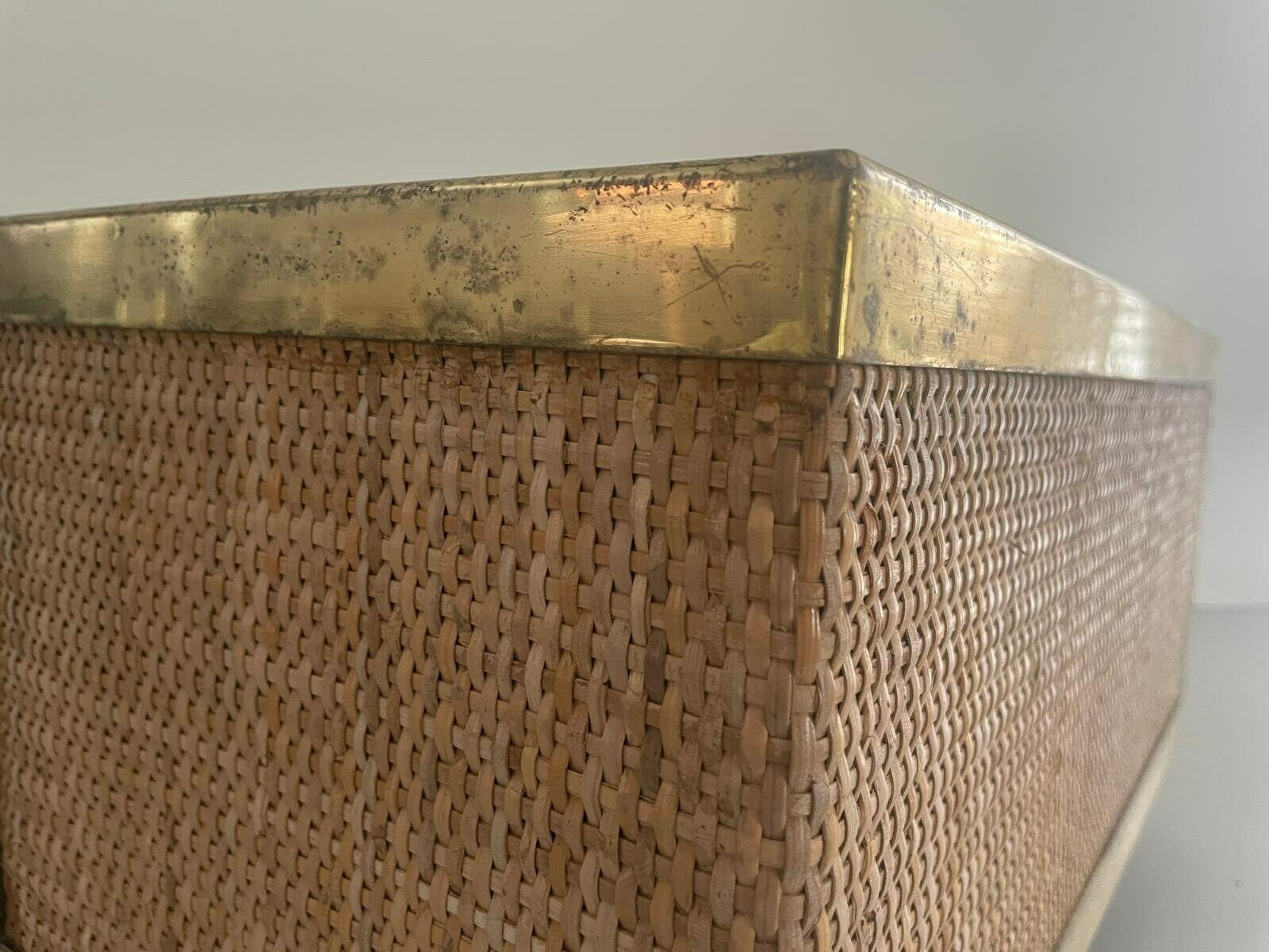Mid Century Modern Rattan Xl Planter Box With Wheels, 1970s, Italy photo vintage