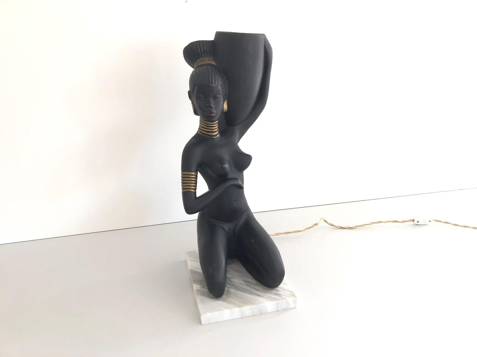 African Woman Ceramic Large Table Lamp, In Style Of Barsony photo 1305.0
