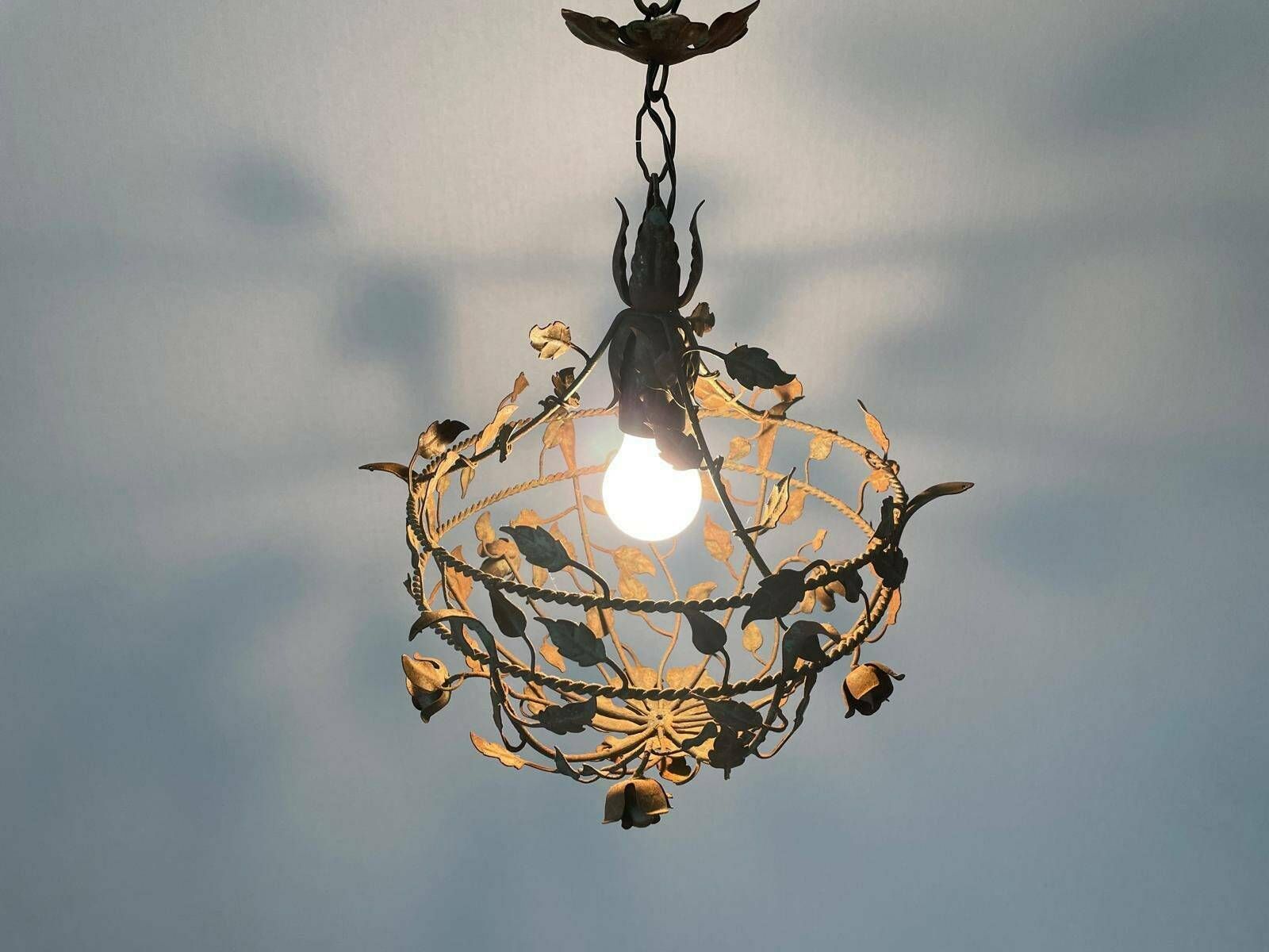 Unusual Flower And Leaf Design Italian Metal Ceiling Lamp With Green Patinas, 1950s, Italy photo furniture