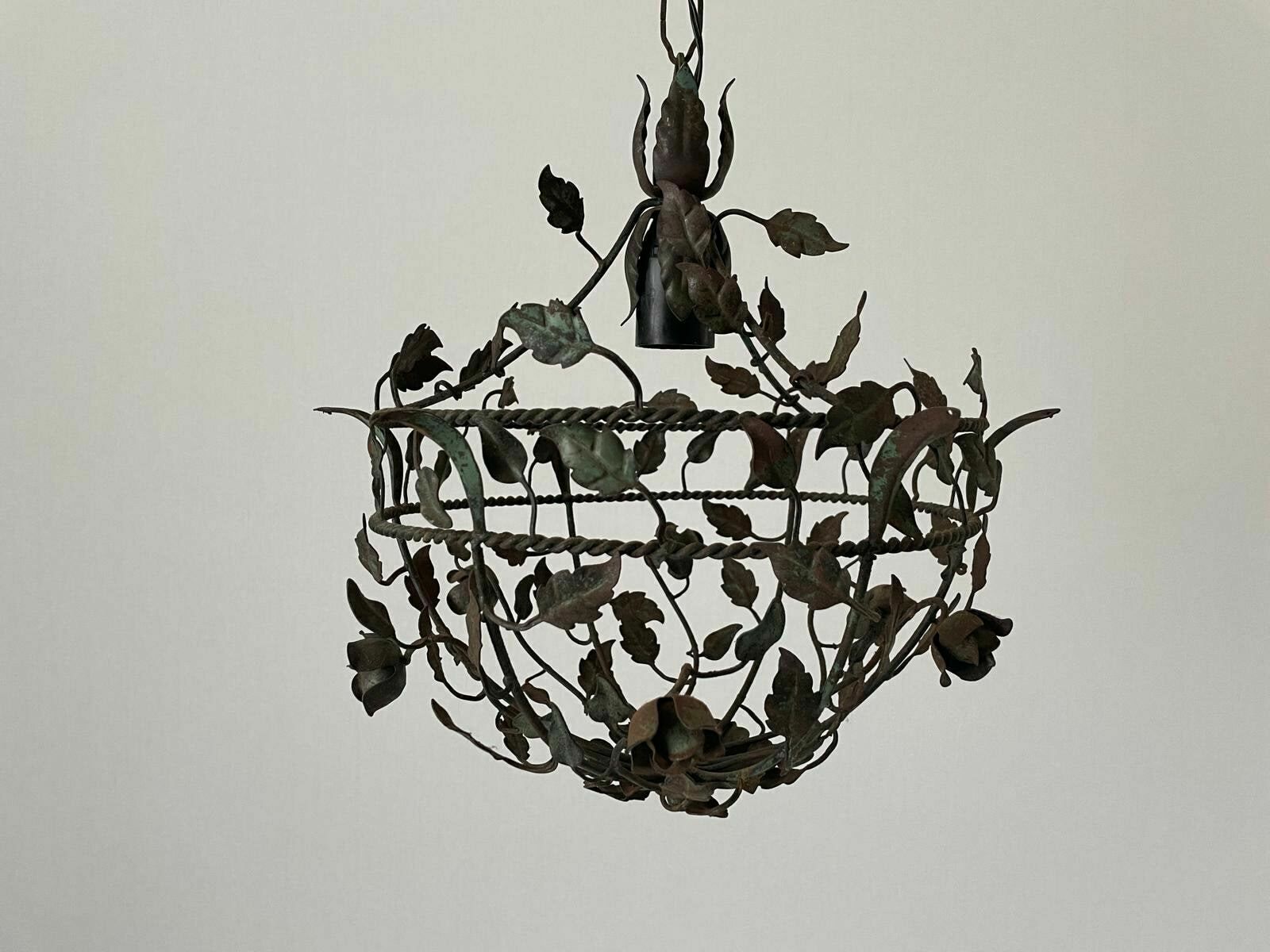 Unusual Flower And Leaf Design Italian Metal Ceiling Lamp With Green Patinas, 1950s, Italy photo Lighting