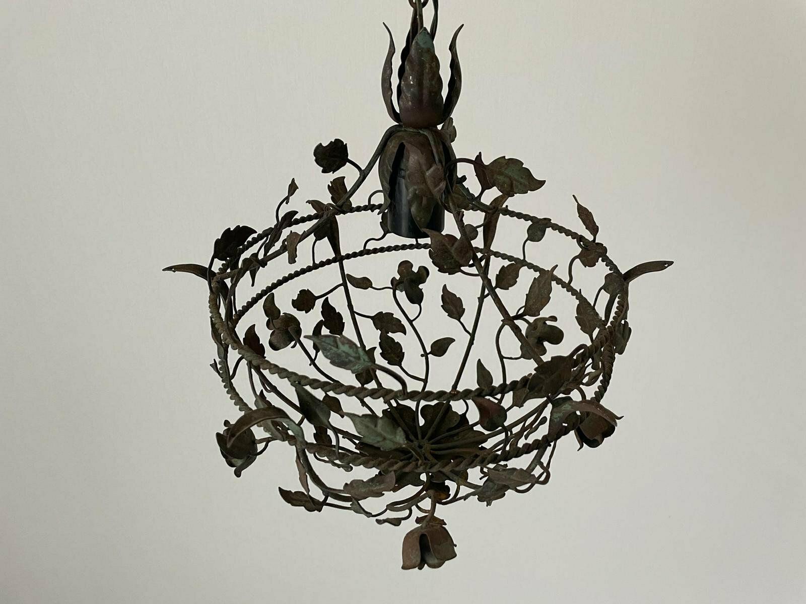 Unusual Flower And Leaf Design Italian Metal Ceiling Lamp With Green Patinas, 1950s, Italy photo 924.0