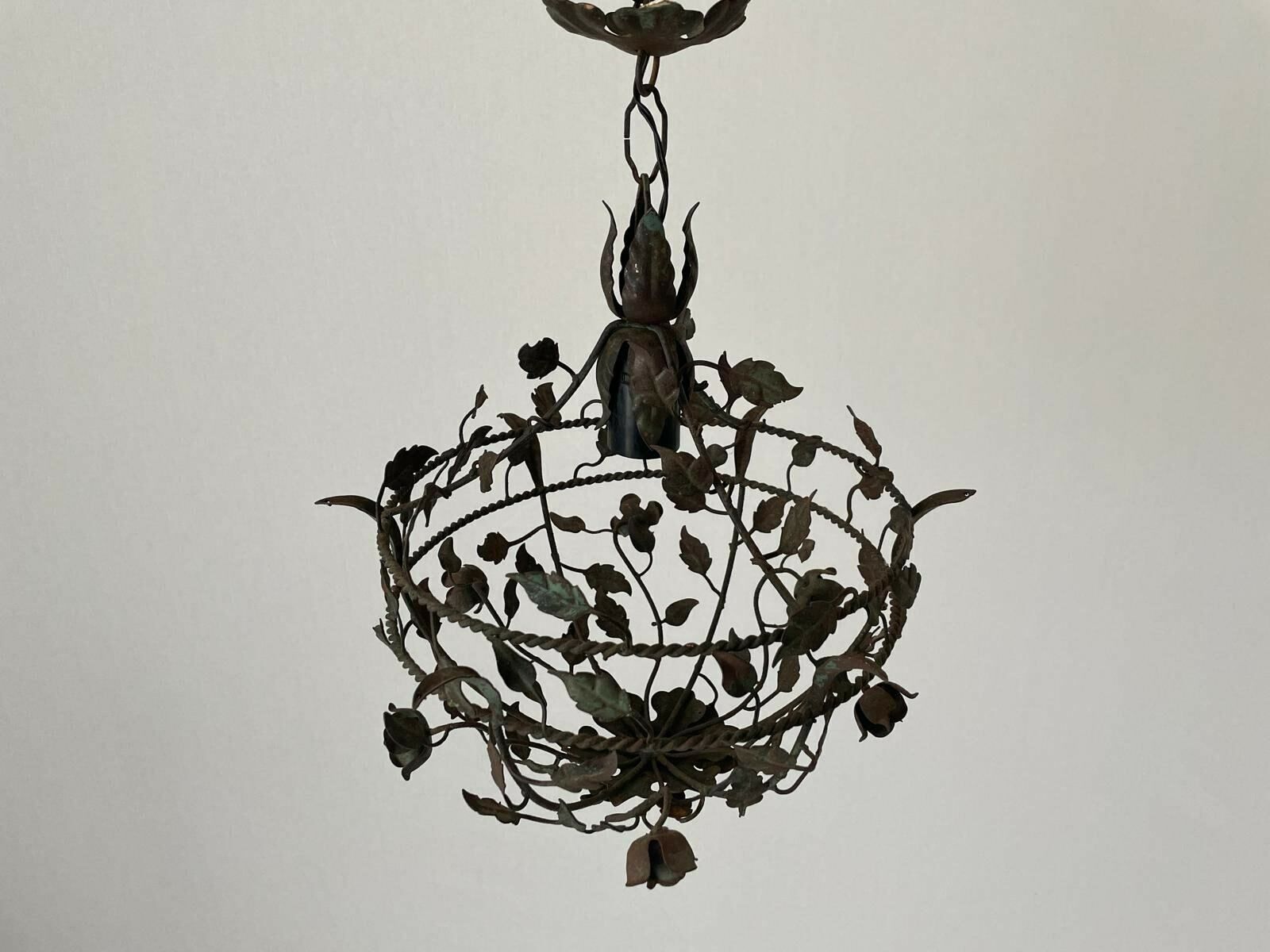 Unusual Flower And Leaf Design Italian Metal Ceiling Lamp With Green Patinas, 1950s, Italy photo buy
