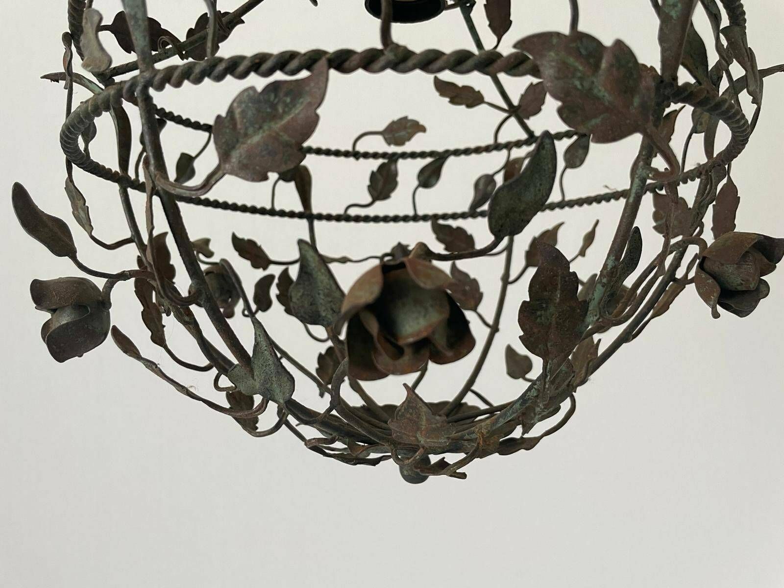 Unusual Flower And Leaf Design Italian Metal Ceiling Lamp With Green Patinas, 1950s, Italy photo vintage