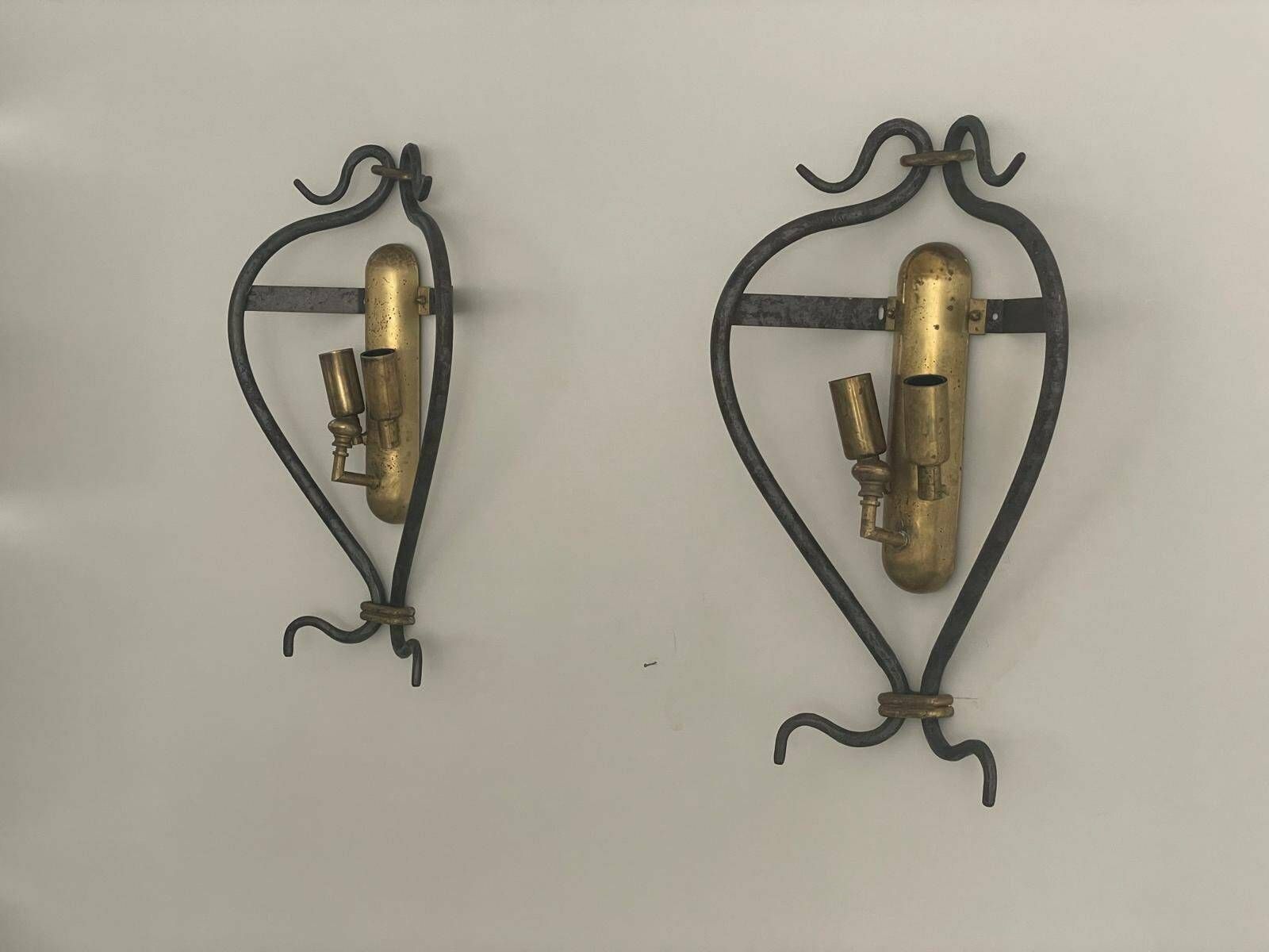 Unusual Italian Design Brass And Iron Pair Of Sconces, 1950s, Italy photo for sale
