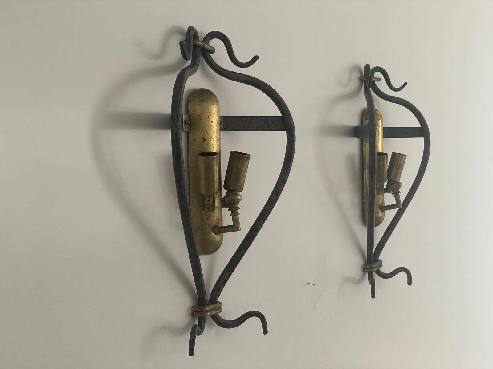 Unusual Italian Design Brass And Iron Pair Of Sconces, 1950s, Italy photo 499.0