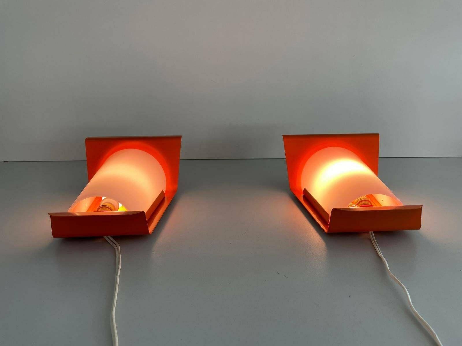 Orange Metal And Plexi Shade Pair Of Sconces, 1960s, Germany photo buy
