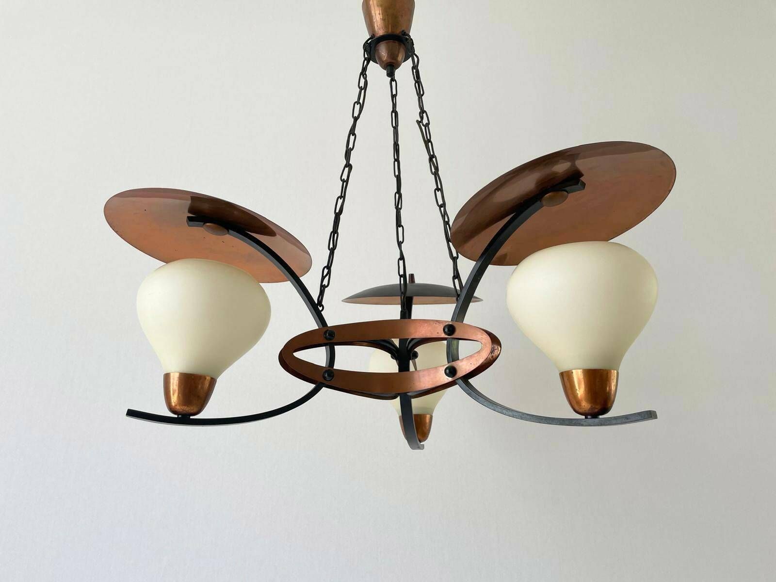 3 Armed Glass And Copper   Black Metal Chandelier, Germany, 1960s, 2 Available photo 1577.0