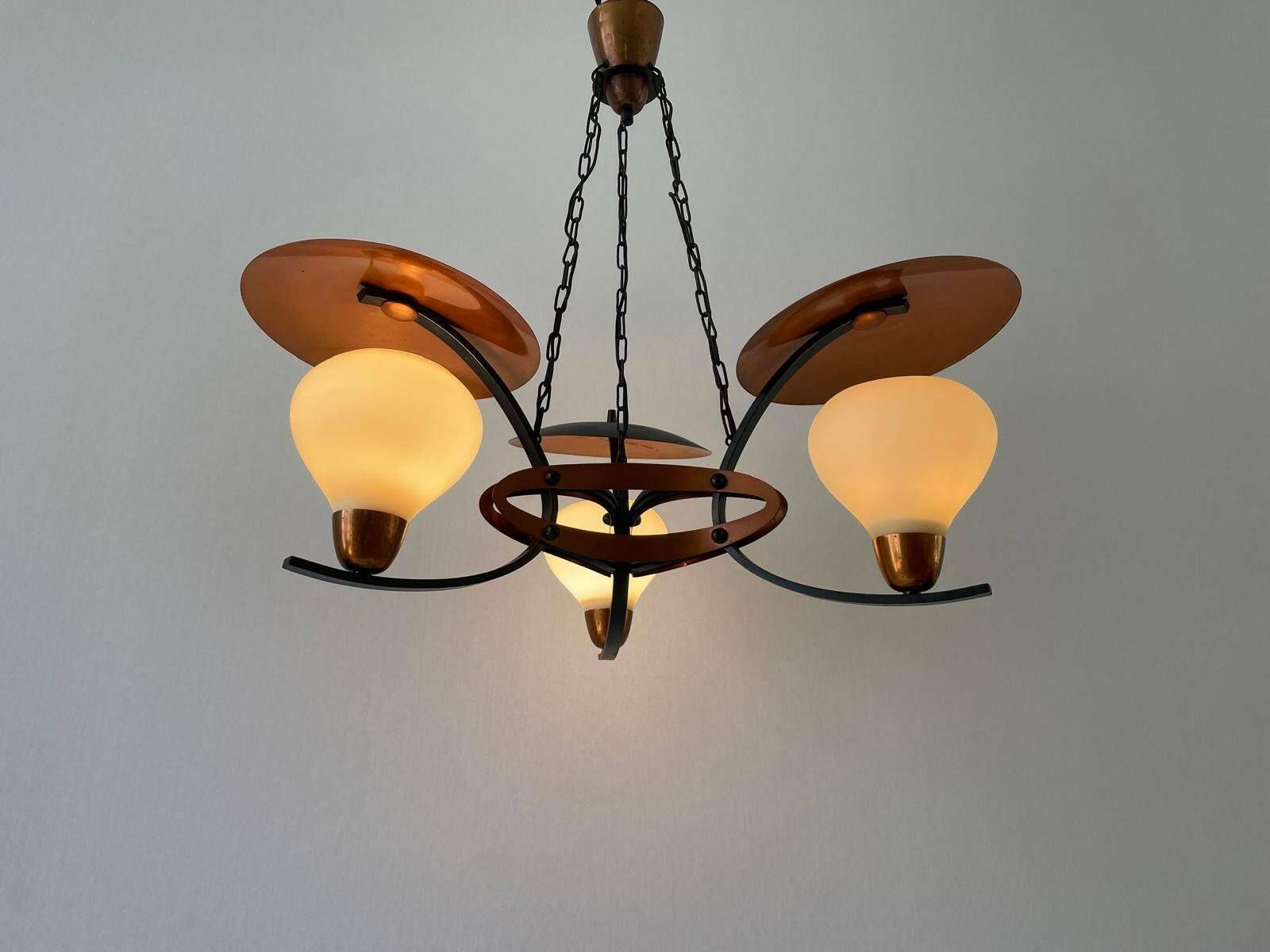 3 Armed Glass And Copper   Black Metal Chandelier, Germany, 1960s, 2 Available photo vinterior