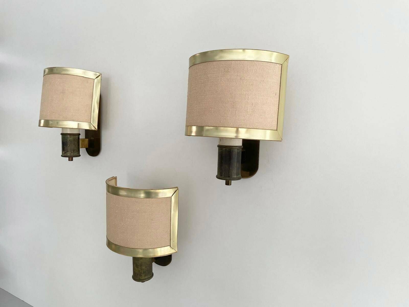 Mid Century Modern Fabric And Brass Set Of 3 Sconces, Italy, 1960s photo for sale