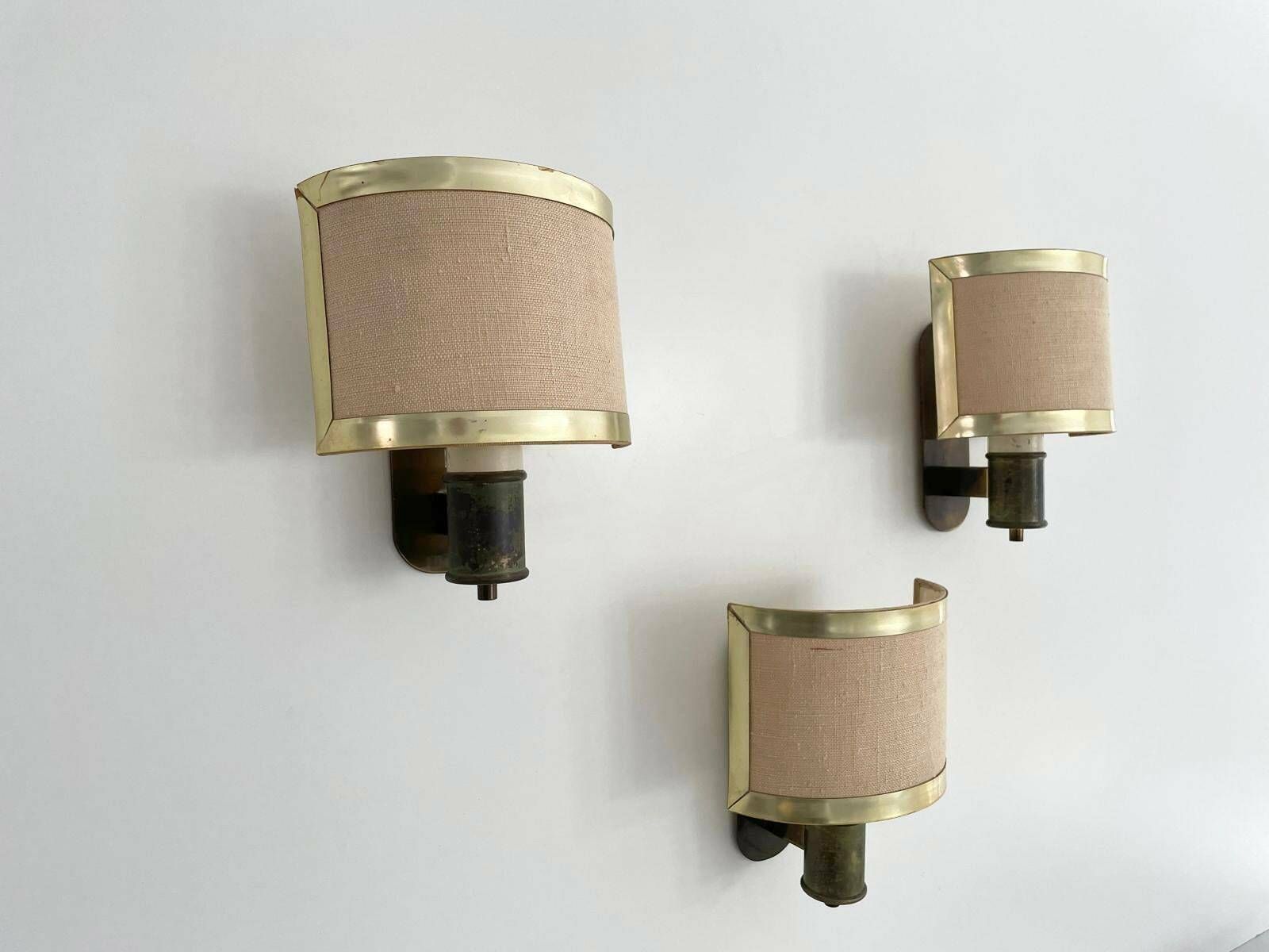 Mid Century Modern Fabric And Brass Set Of 3 Sconces, Italy, 1960s photo Lighting