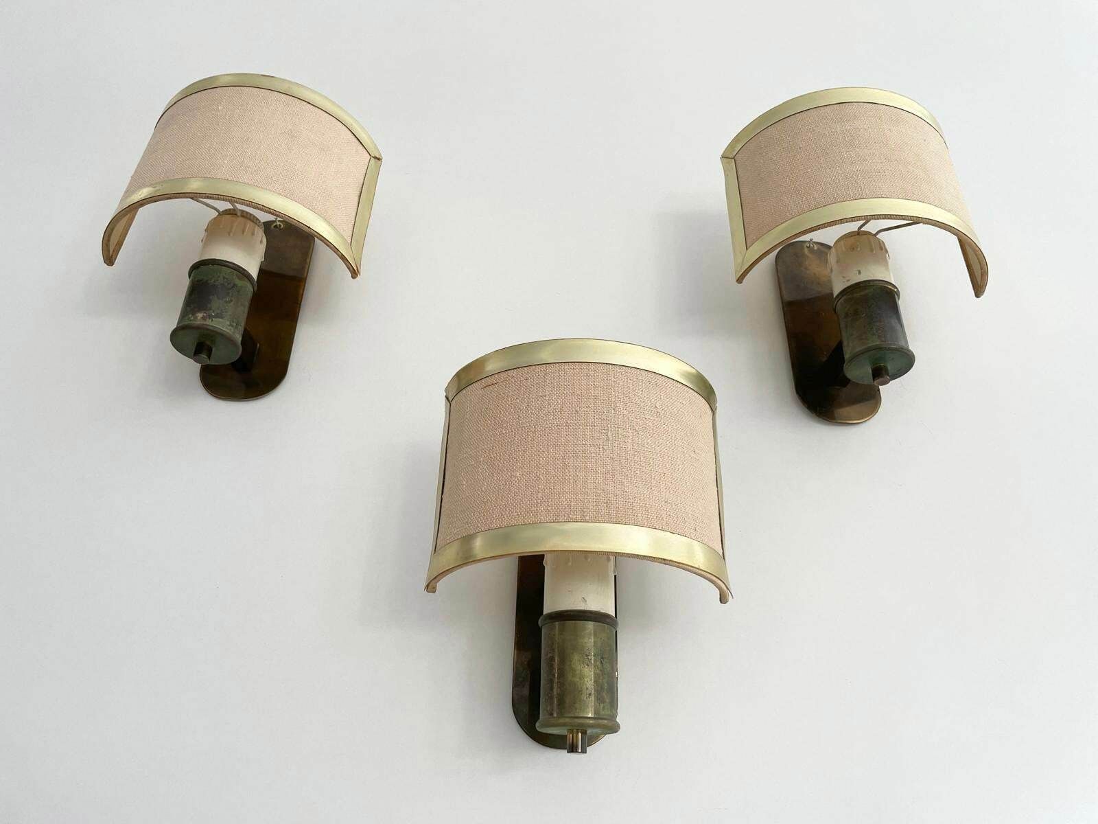 Mid Century Modern Fabric And Brass Set Of 3 Sconces, Italy, 1960s photo vinterior