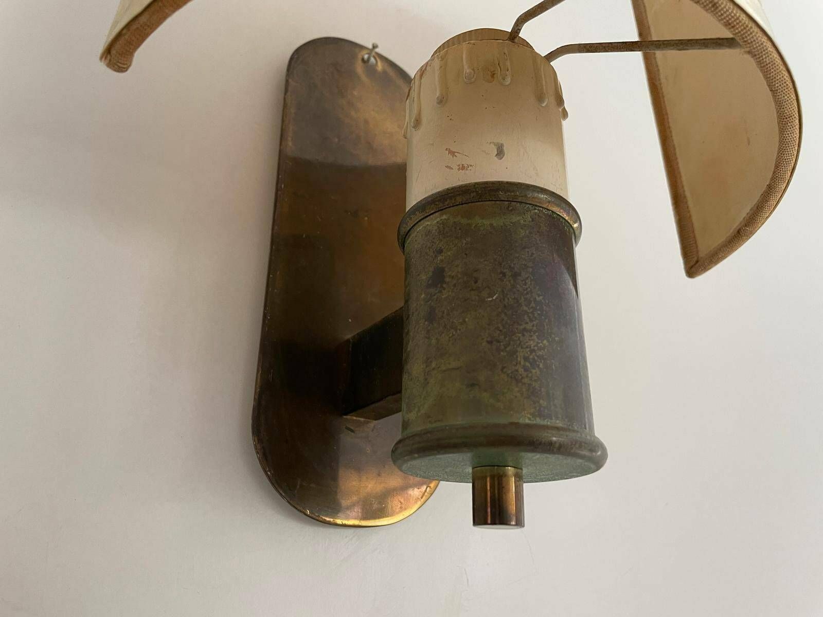 photo for sale Mid Century Modern Fabric And Brass Set Of 3 Sconces, Italy, 1960s