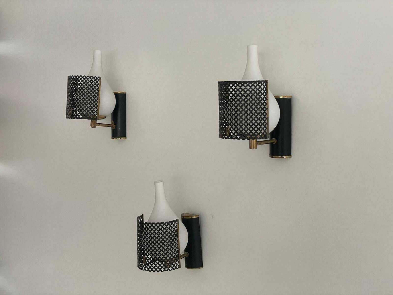 Italian Exclusive Design Glass And Black Metal Sconces, Set Of 3, 1950s, Italy