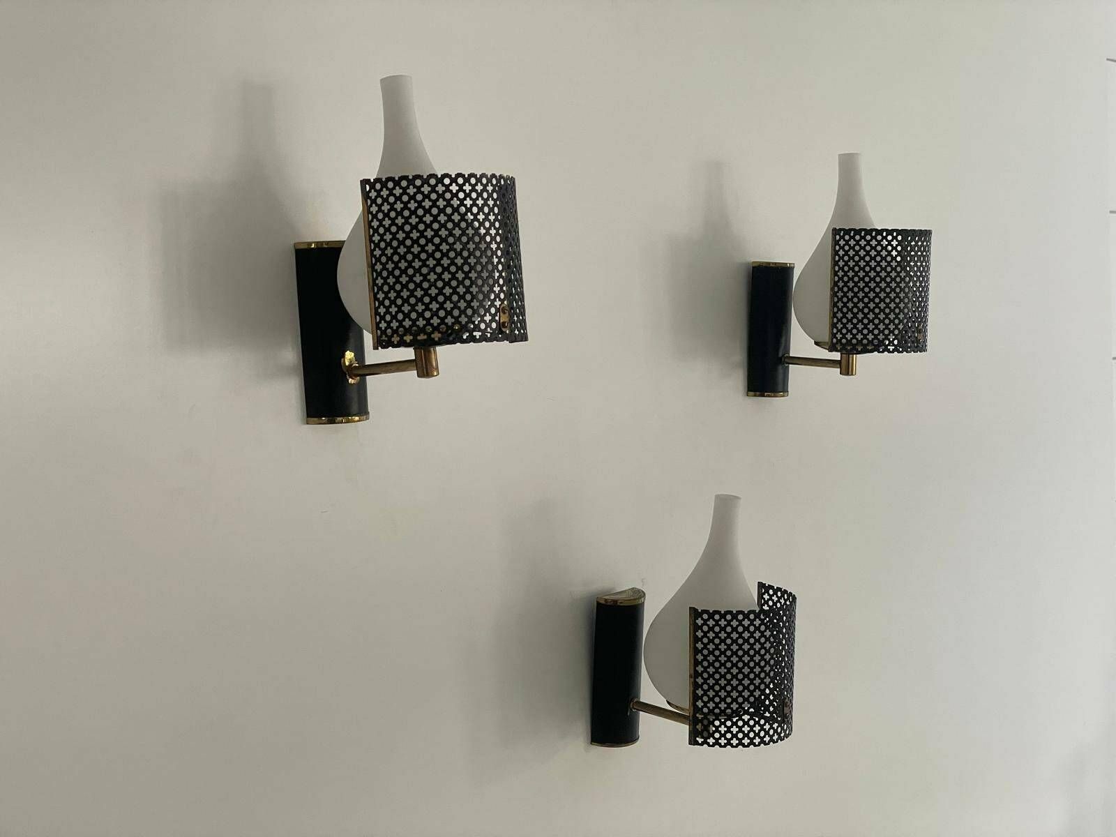 Italian Exclusive Design Glass And Black Metal Sconces, Set Of 3, 1950s, Italy photo for sale