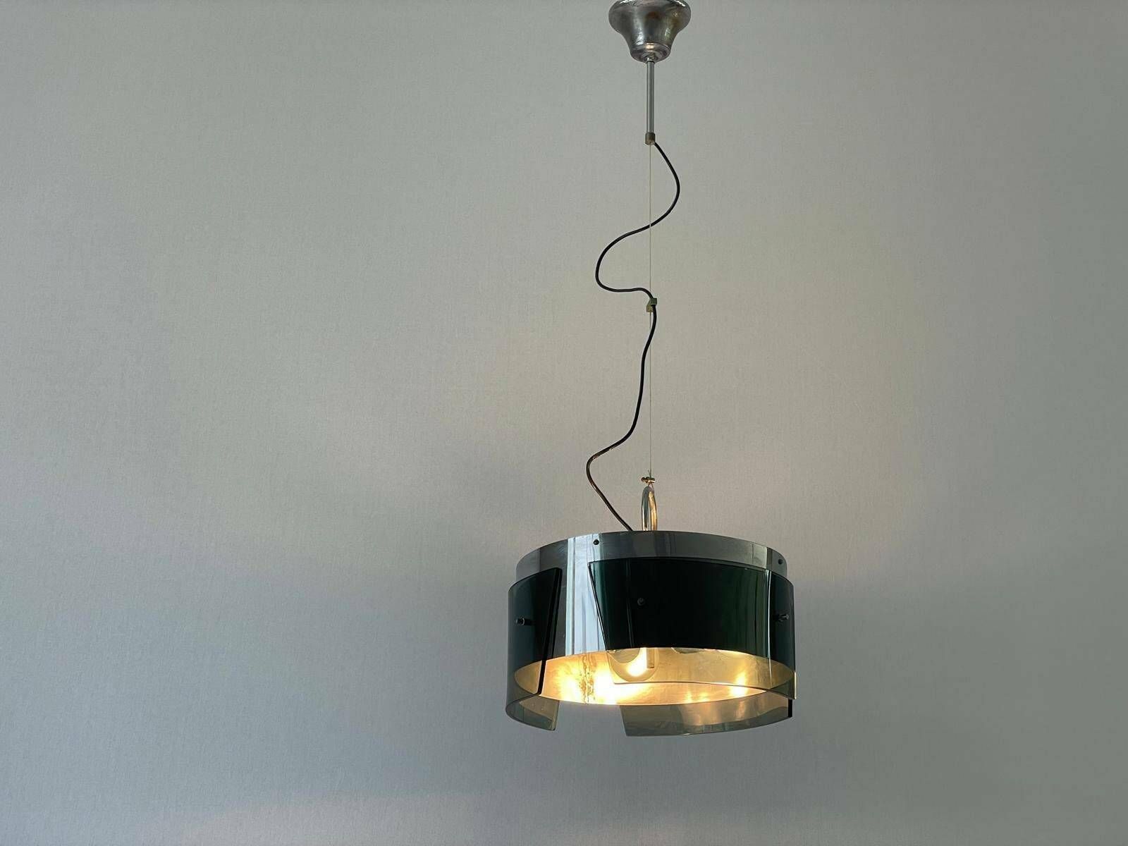 Italian Design Cylindrical Green Glass And Chrome Pendant Lamp, Italy, 1970s photo buy