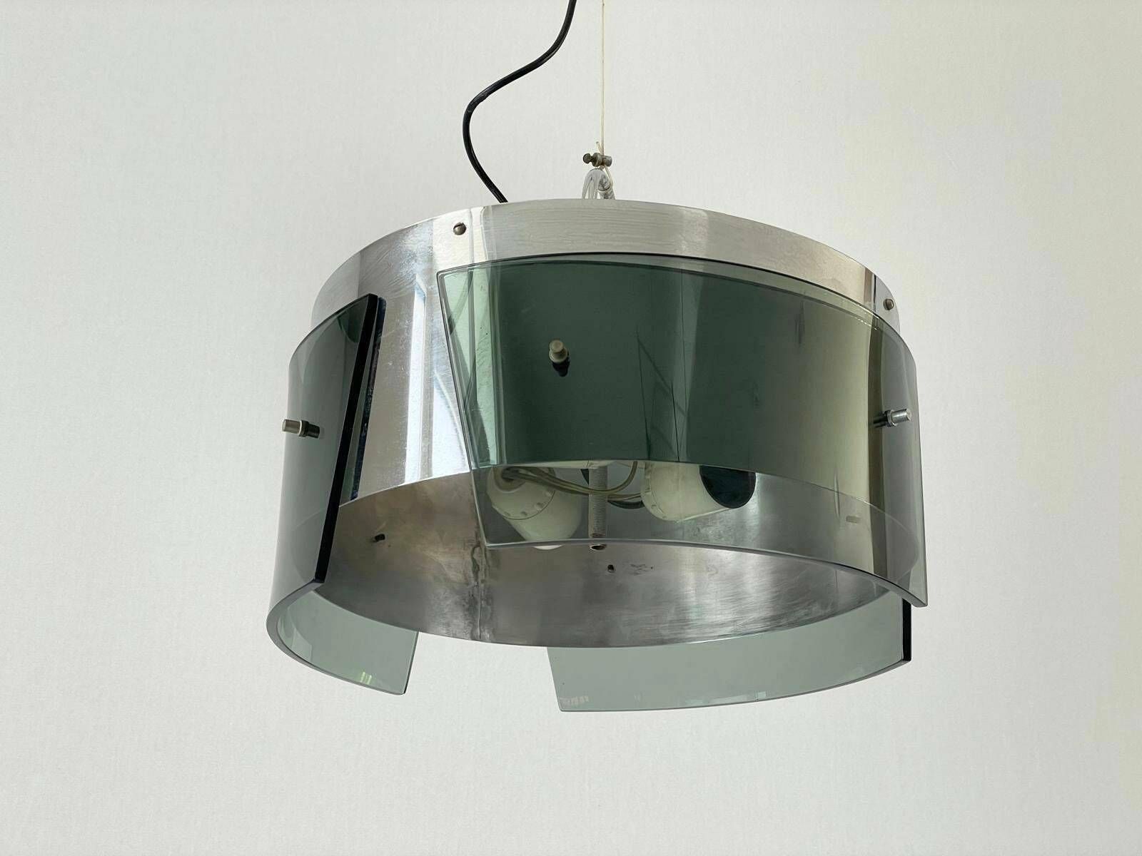 Italian Design Cylindrical Green Glass And Chrome Pendant Lamp, Italy, 1970s photo vintage