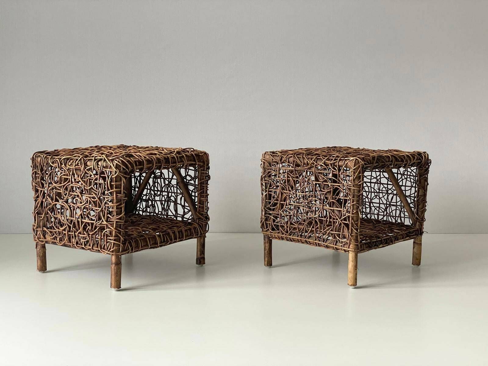 Unusual Italian Design Woven Bamboo Pair Of Bedside Tables, Italy, 1960s photo for sale