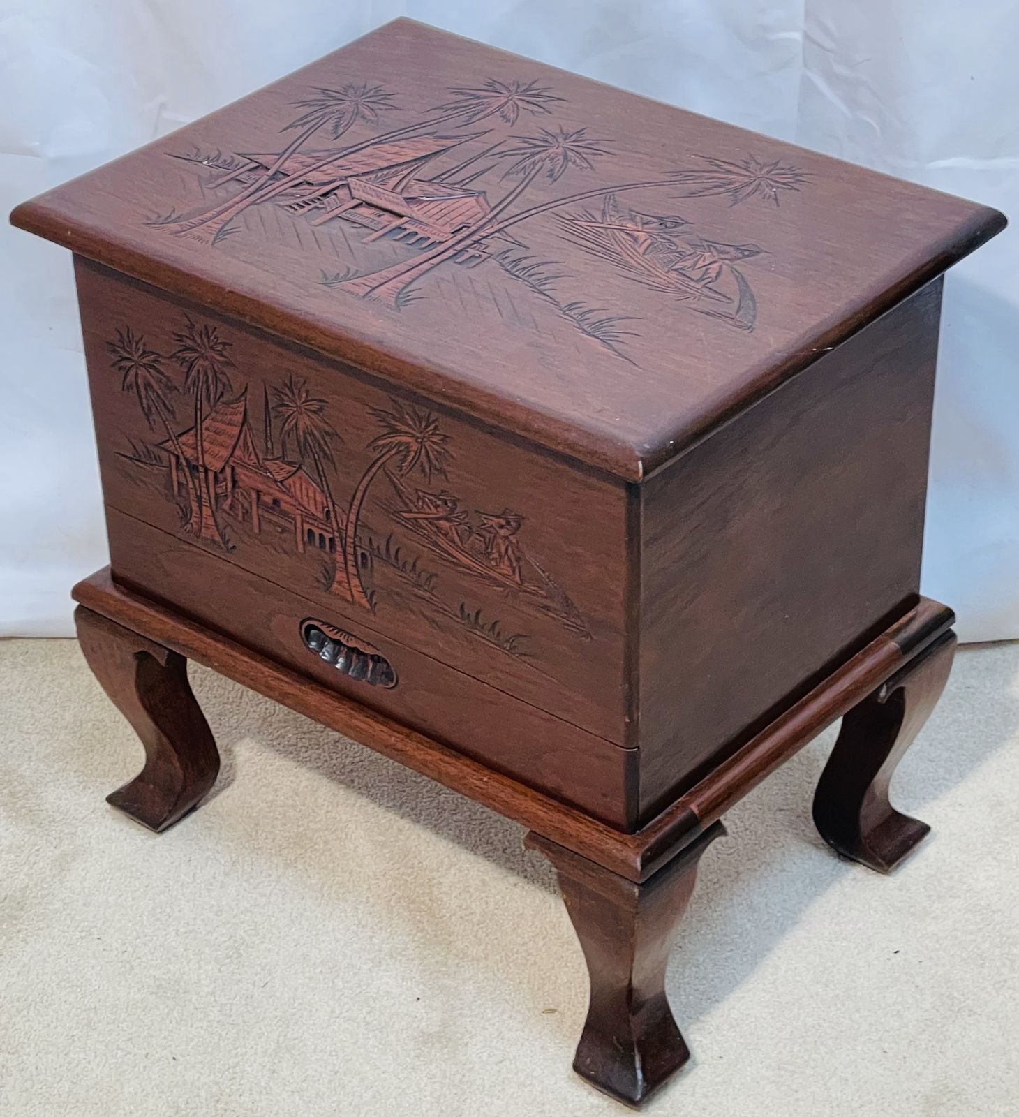 Vintage Chinese Carved Sewing Stool Depicting Fishermen & Shore photo furniture