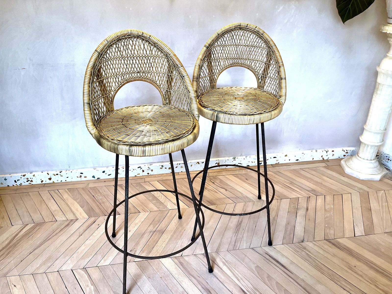 Pair Of Mid Century Woven Rattan/Cane & Metal Bar Stools