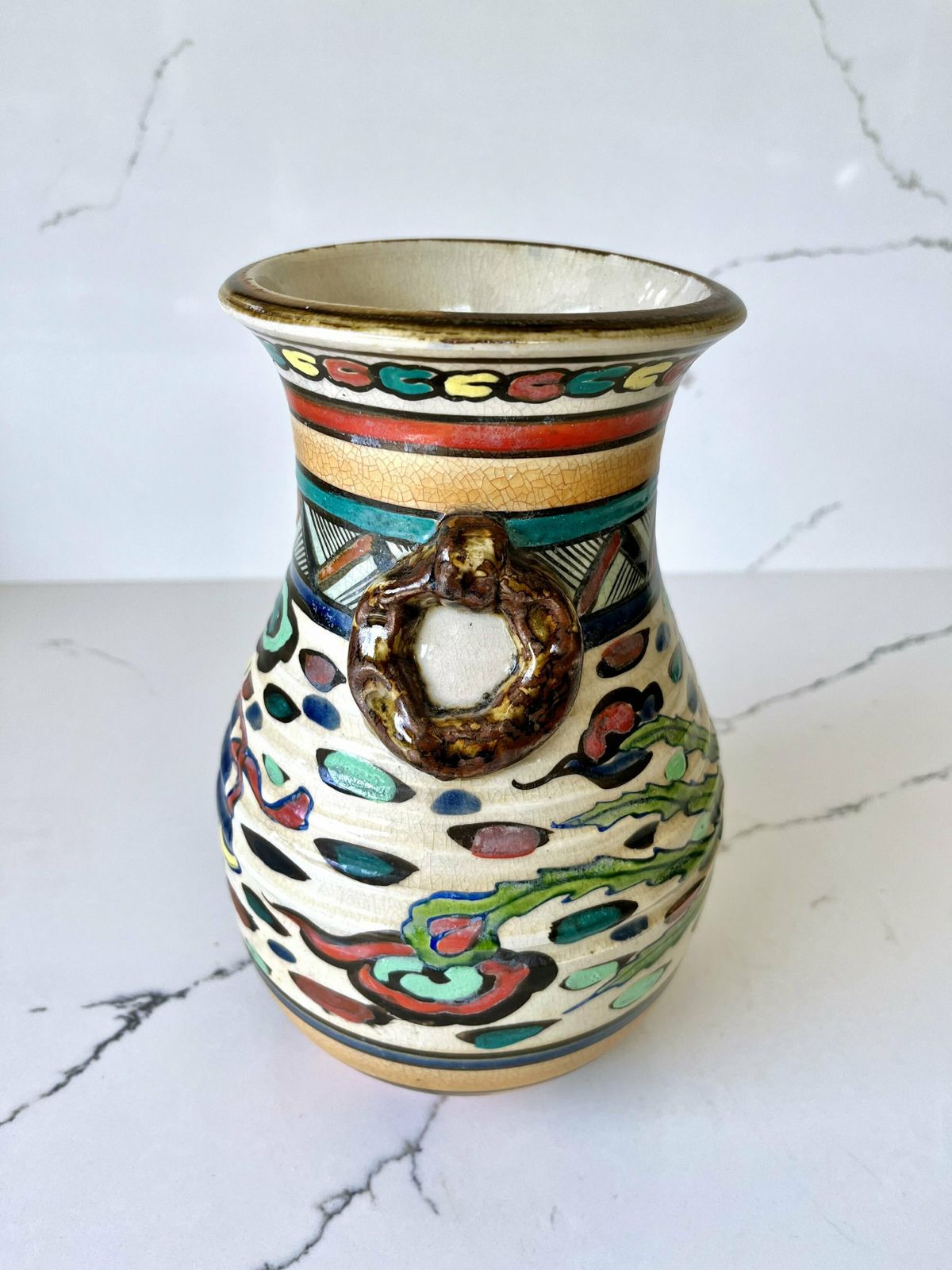 Early 20th Century Japanese Colourful Hand Painted Ceramic Vase photo vintage