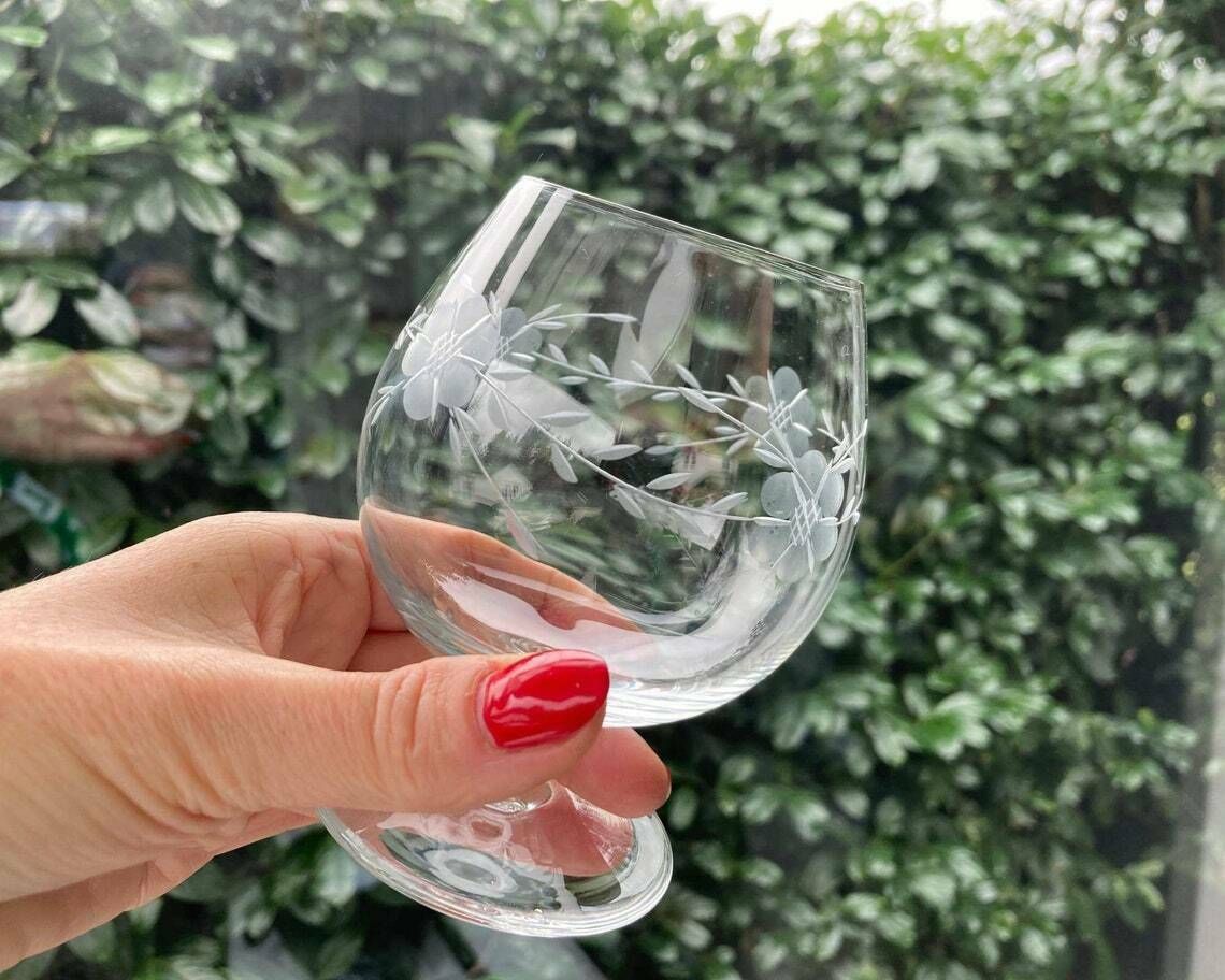 Art Deco Cognac Glasses | Antique Balloon Glasses | 2pcs | Roses Engraved | French photo Home Decor