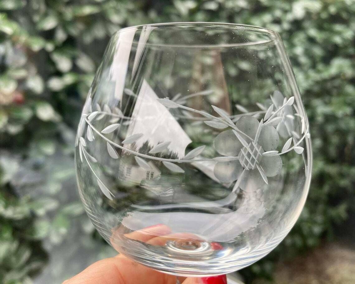 Art Deco Cognac Glasses | Antique Balloon Glasses | 2pcs | Roses Engraved | French photo 119.0