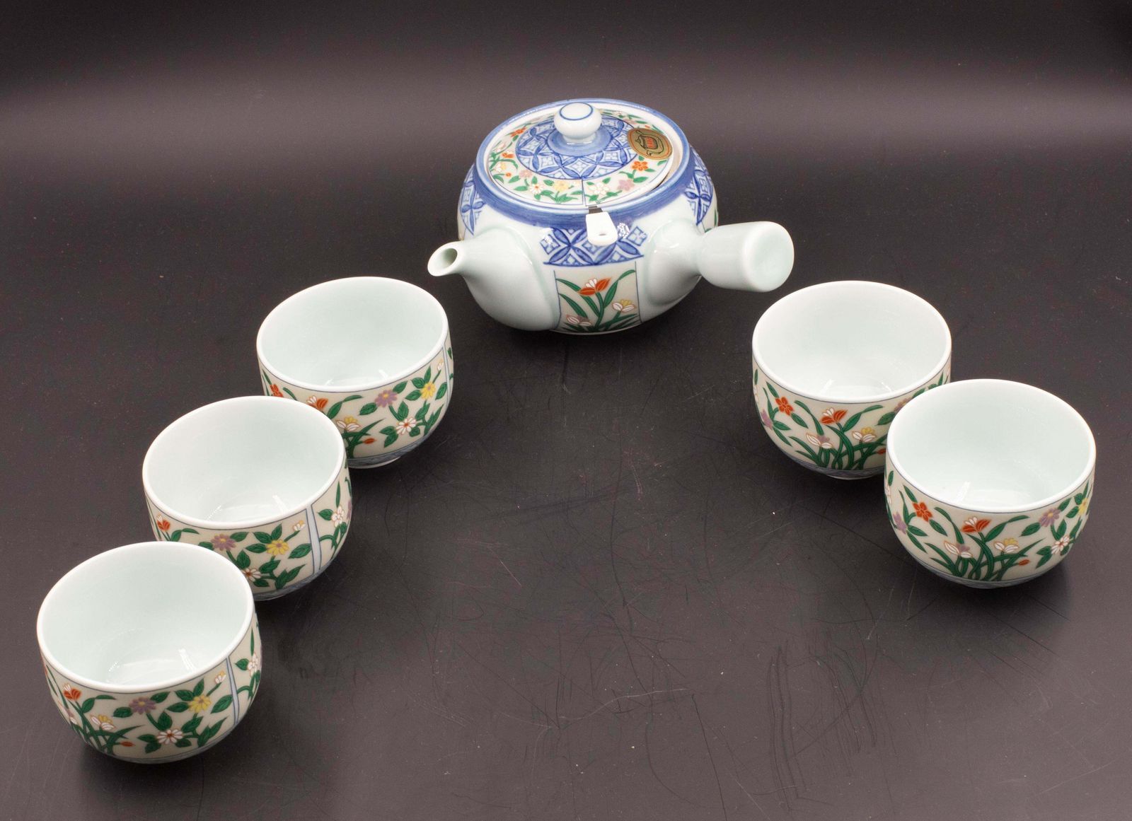 Japanese Tea Set Tea Pot Strainer Cups Set Of 6 Hand Painted Celadon photo 857.0