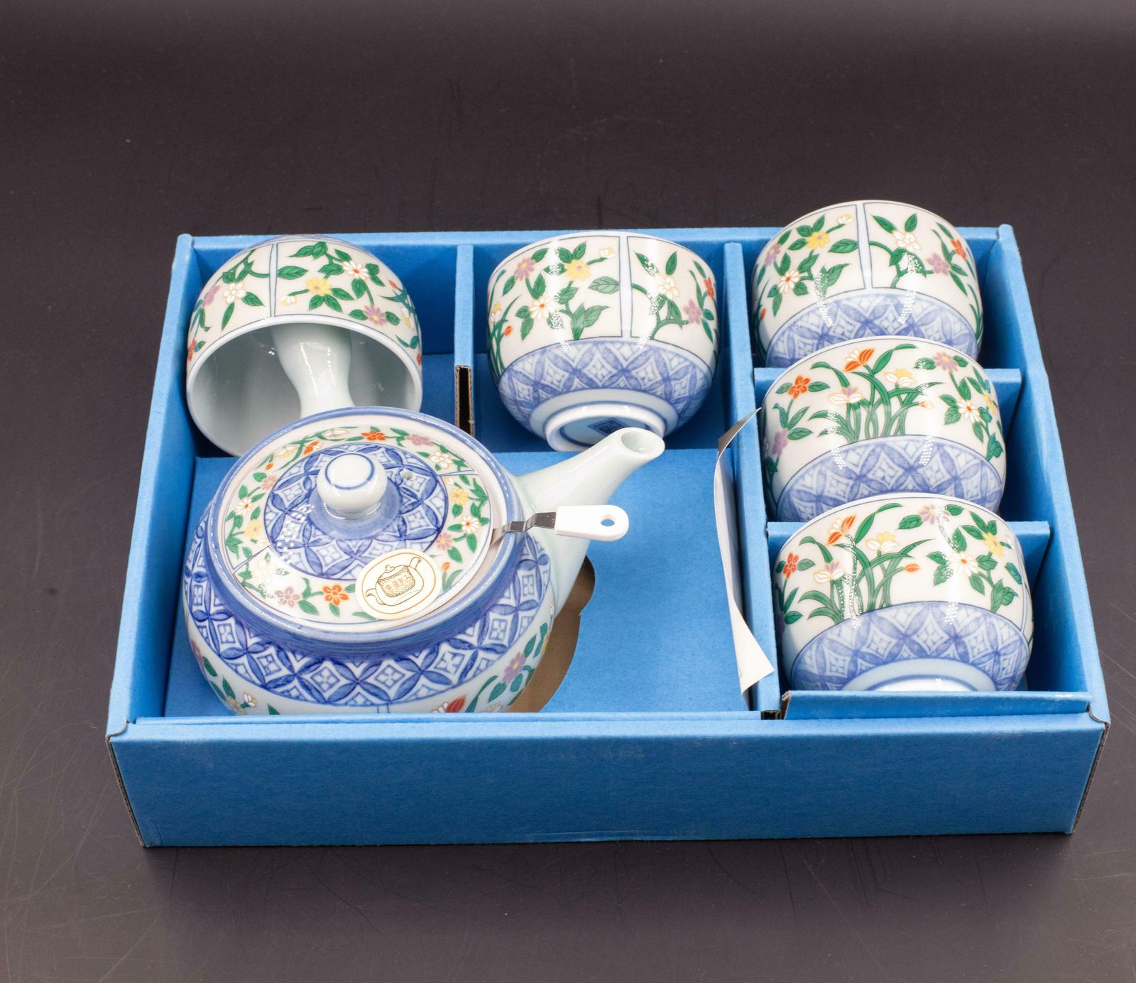 Japanese Tea Set Tea Pot Strainer Cups Set Of 6 Hand Painted Celadon photo vintage