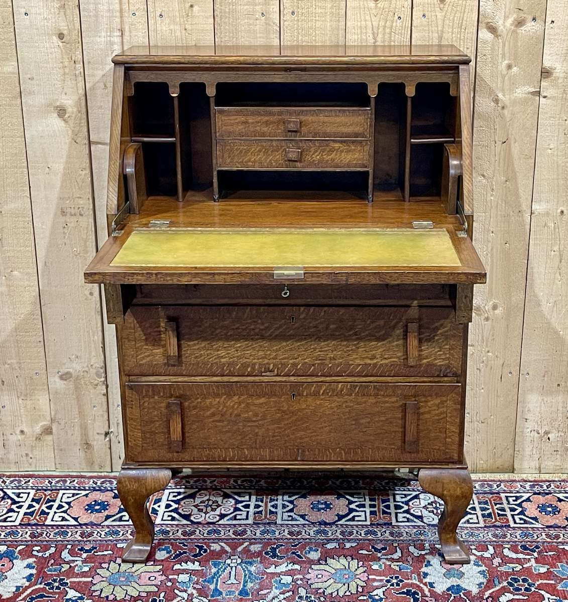 English Speed Bump Desk In Oak And Leather, From The 1950s photo vintage
