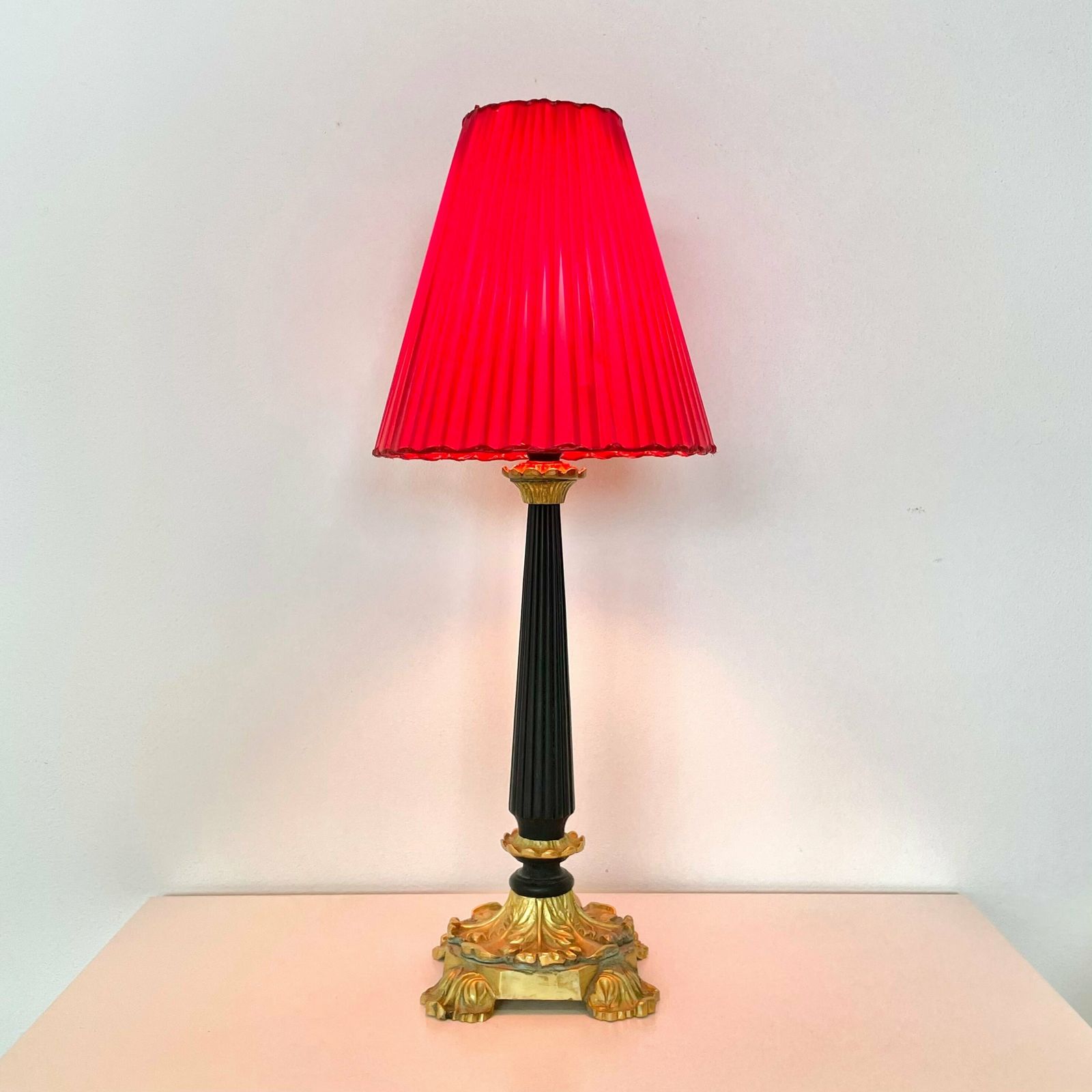 Art Deco Table Lamp In Brass And Black Painted Wood With Organic Shapes, Beautiful Base And Unique Red Fabric Ribbon Shade