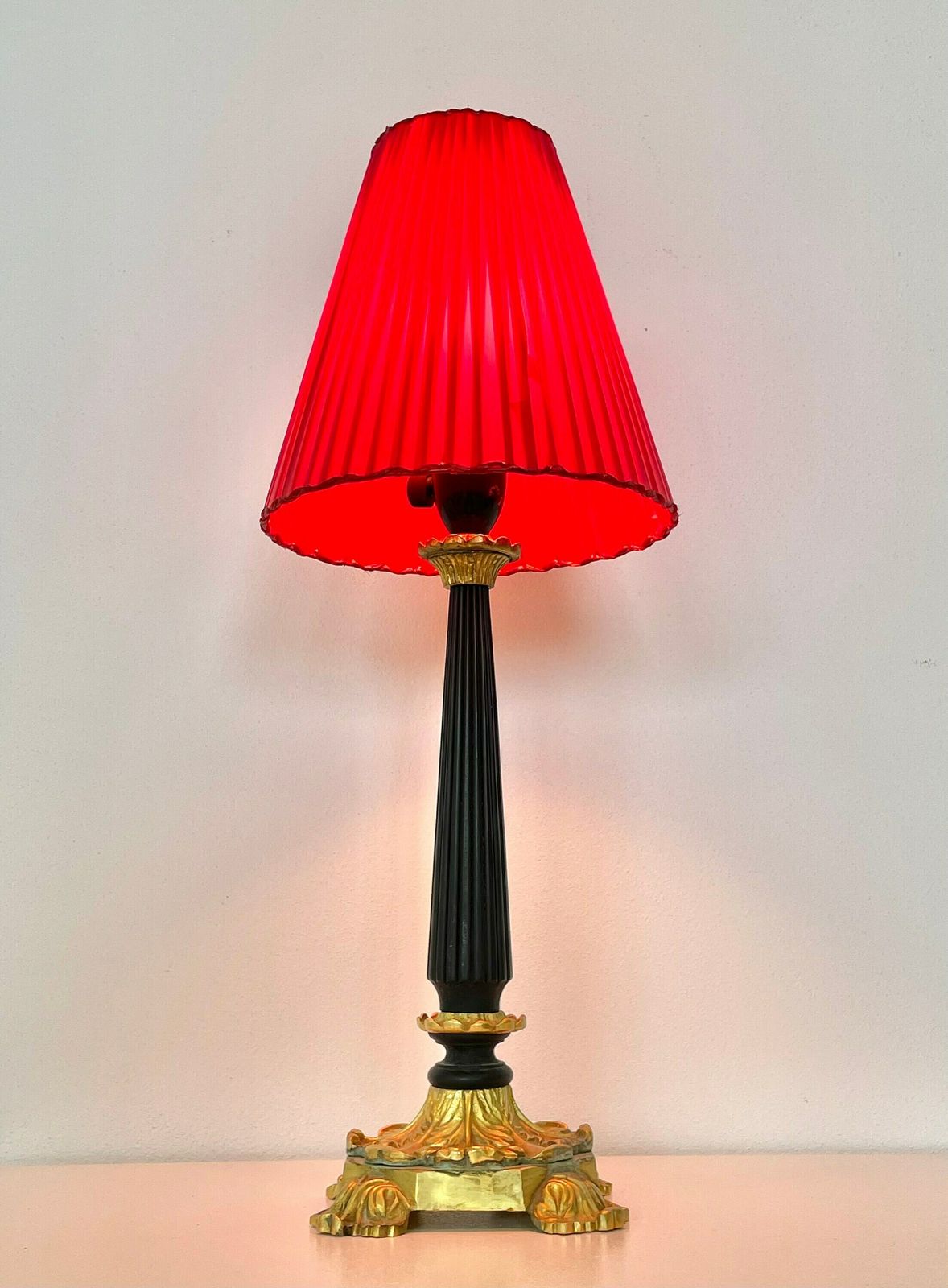 Art Deco Table Lamp In Brass And Black Painted Wood With Organic Shapes, Beautiful Base And Unique Red Fabric Ribbon Shade photo furniture
