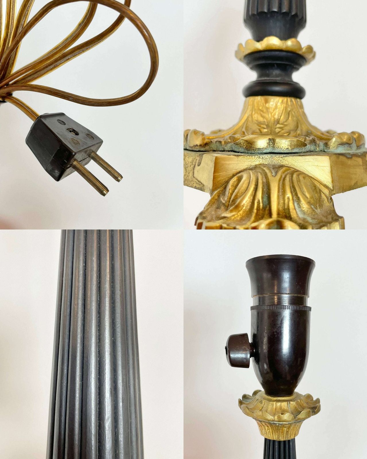 photo furniture Art Deco Table Lamp In Brass And Black Painted Wood With Organic Shapes, Beautiful Base And Unique Red Fabric Ribbon Shade